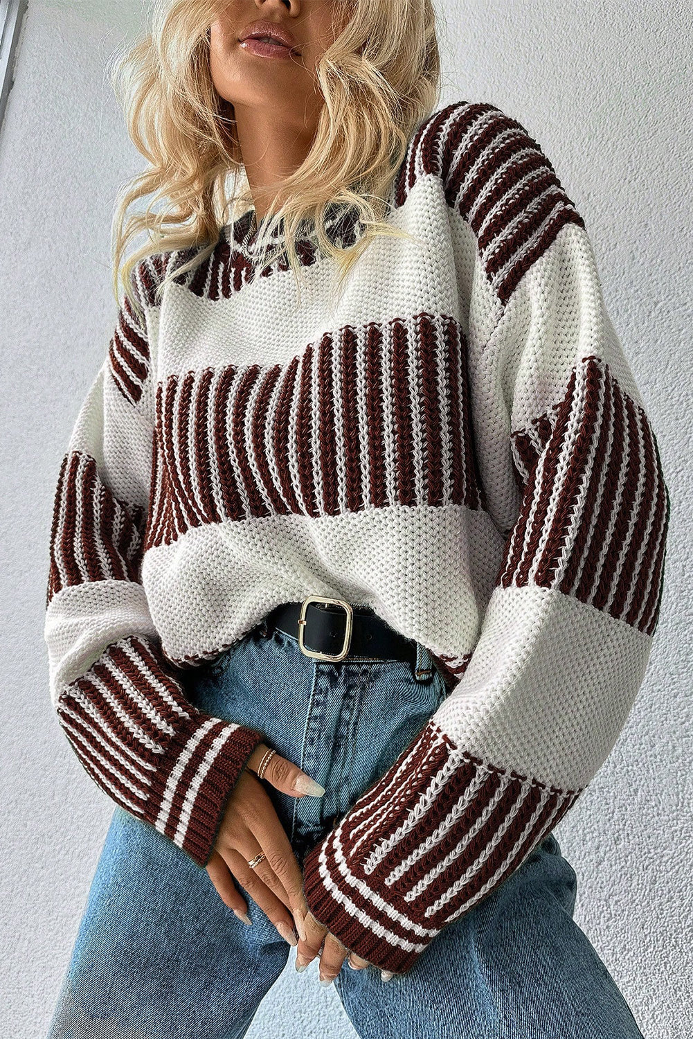Brown Two Tone Striped Patchwork Drop Shoulder Sweater