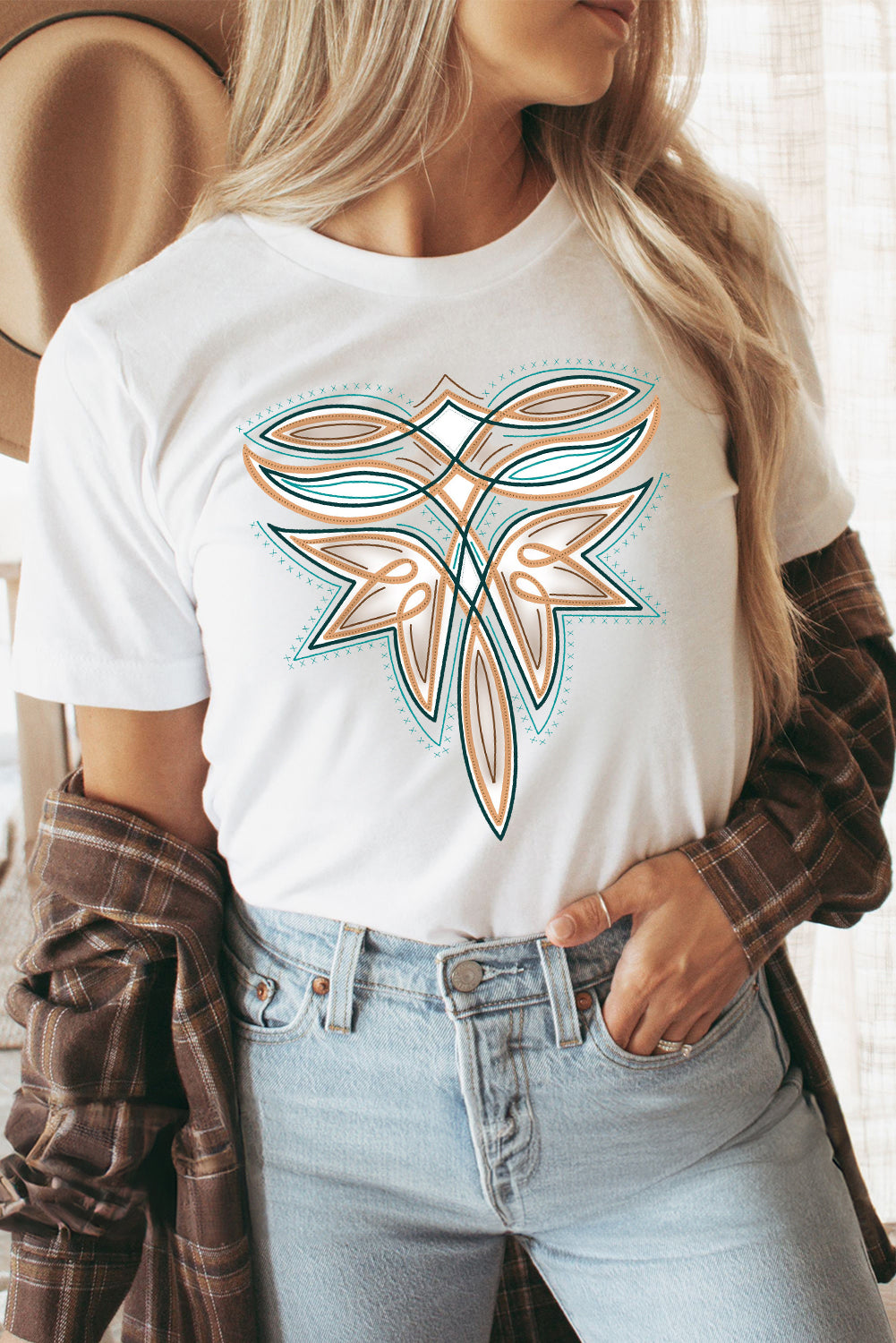 White Boot Stitch Pattern Printed Cotton Blend Tee