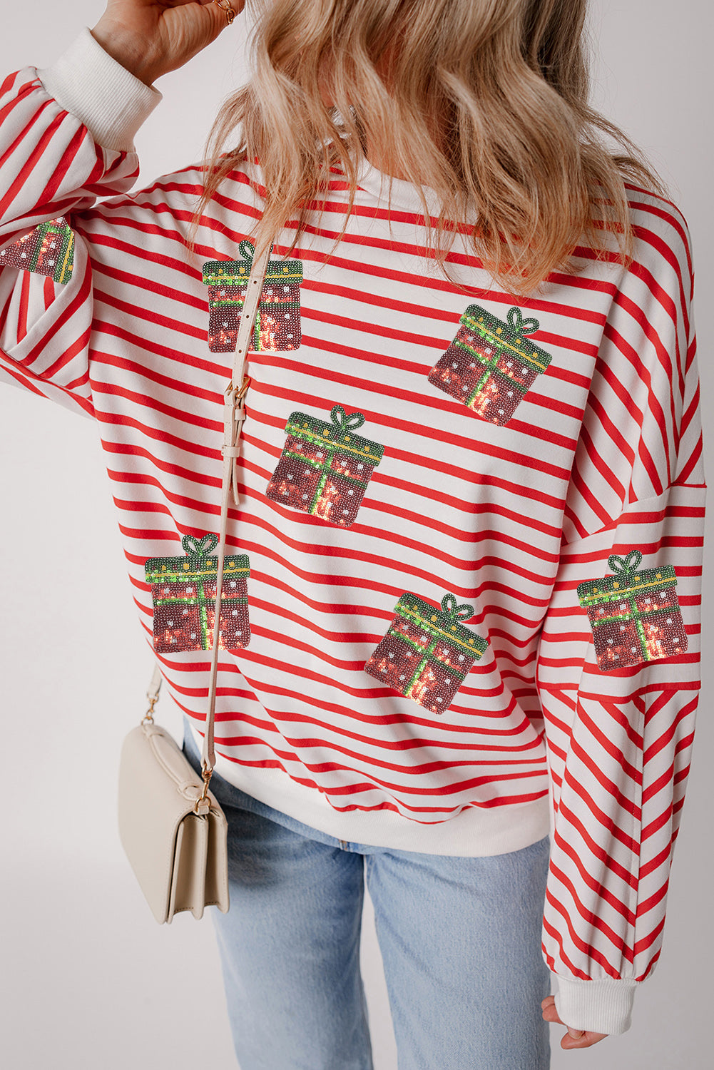 Orange Stripe Sequin Christmas Gift Patched Drop Shoulder Sweatshirt