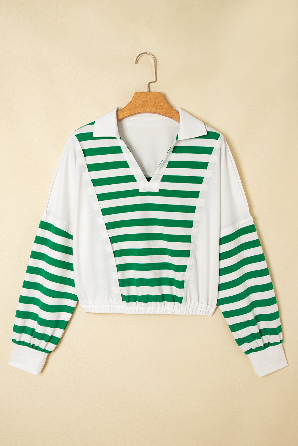 Green Striped Colorblock Patchwork Collared V Neck Cropped Pullover
