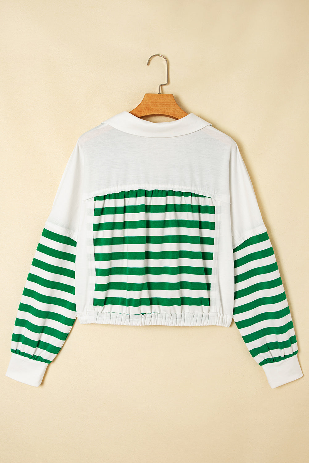 Green Striped Colorblock Patchwork Collared V Neck Cropped Pullover