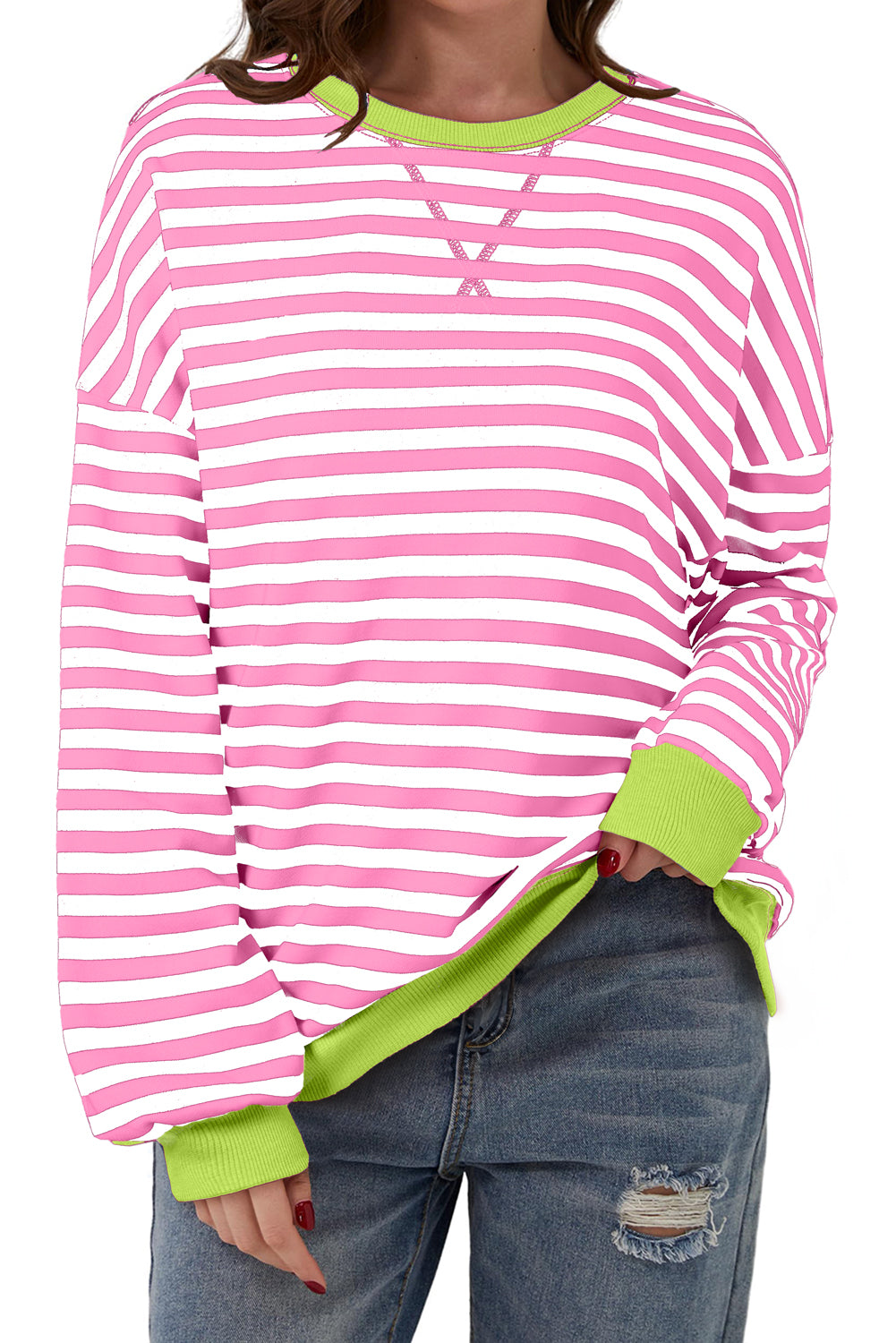 Rose Red Striped Contrast Trim Drop Shoulder Sweatshirt
