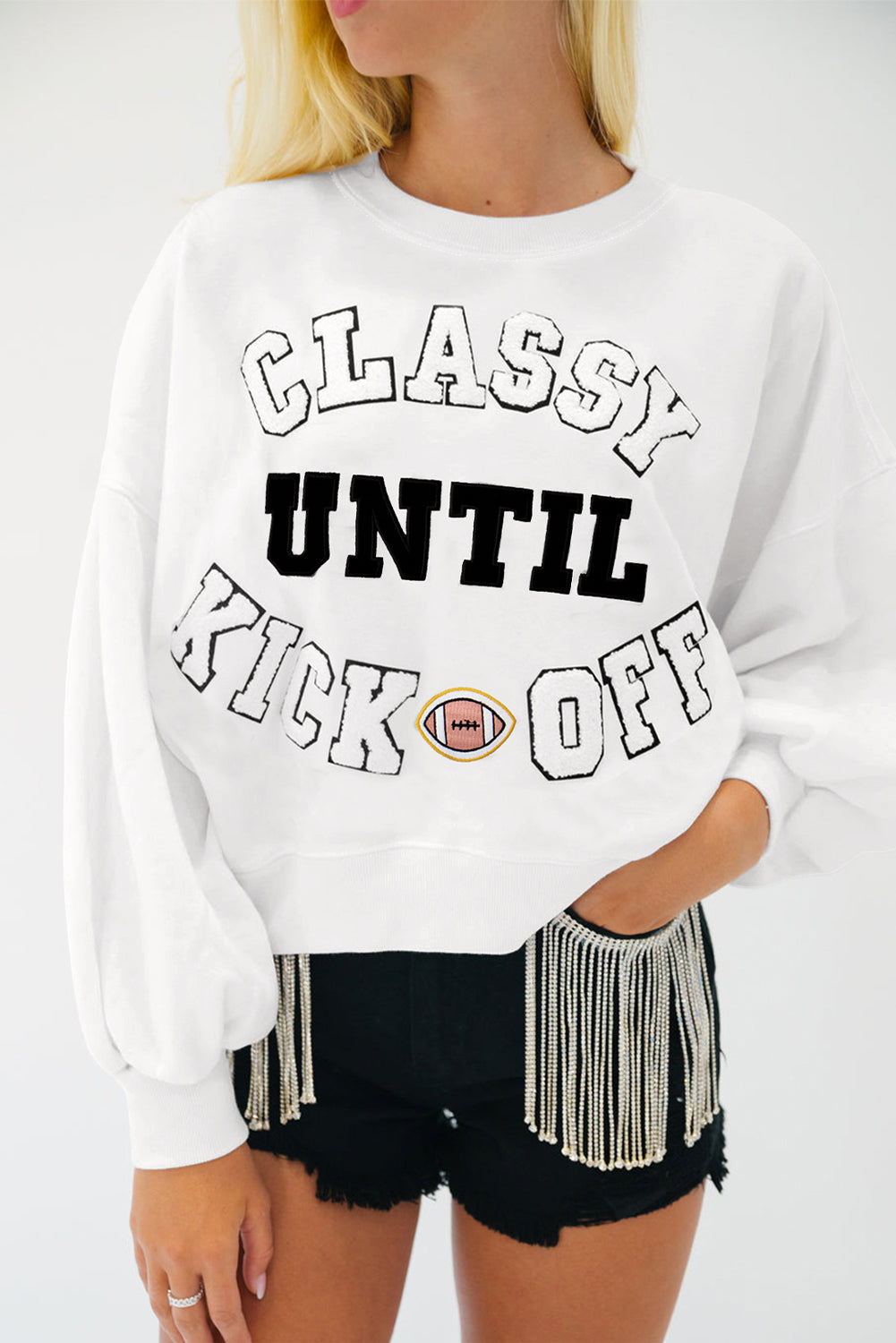 Black CLASSY UNTIL KICKOFF Plush Letter Patched Loose Sweatshirt
