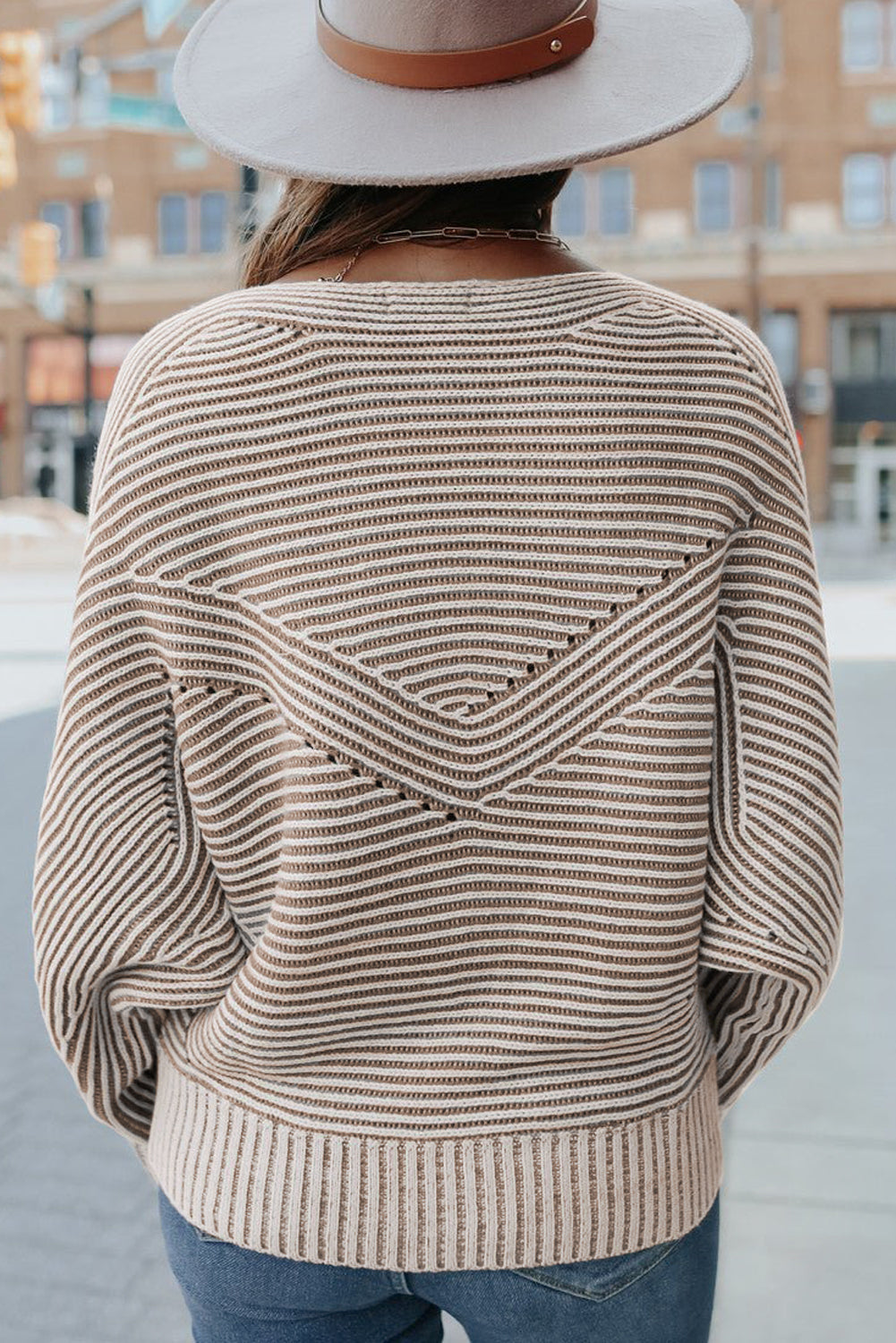 Light French Beige Striped Print Ribbed Knit Raglan Sleeve Baggy Sweater