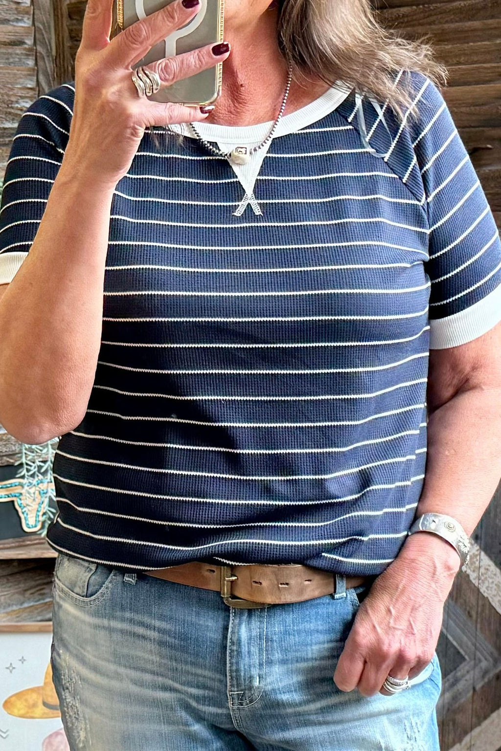 Blue Stripe Contrast Trim Plus Size Ribbed T Shirt