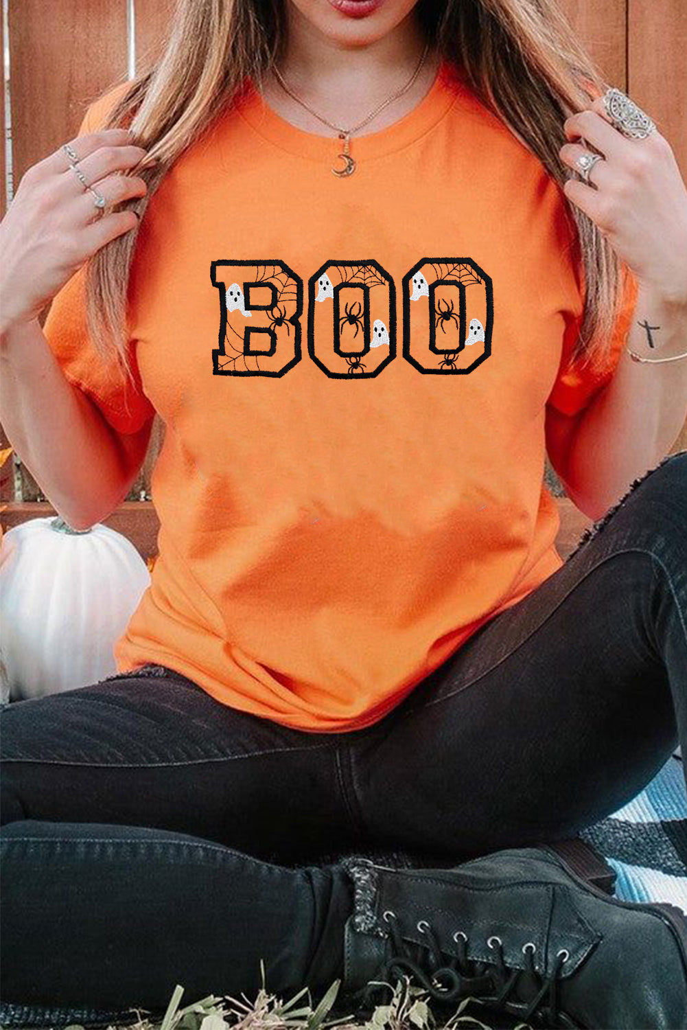 Orange BOO Halloween Ghost Sipder Embroidered Graphic Tee