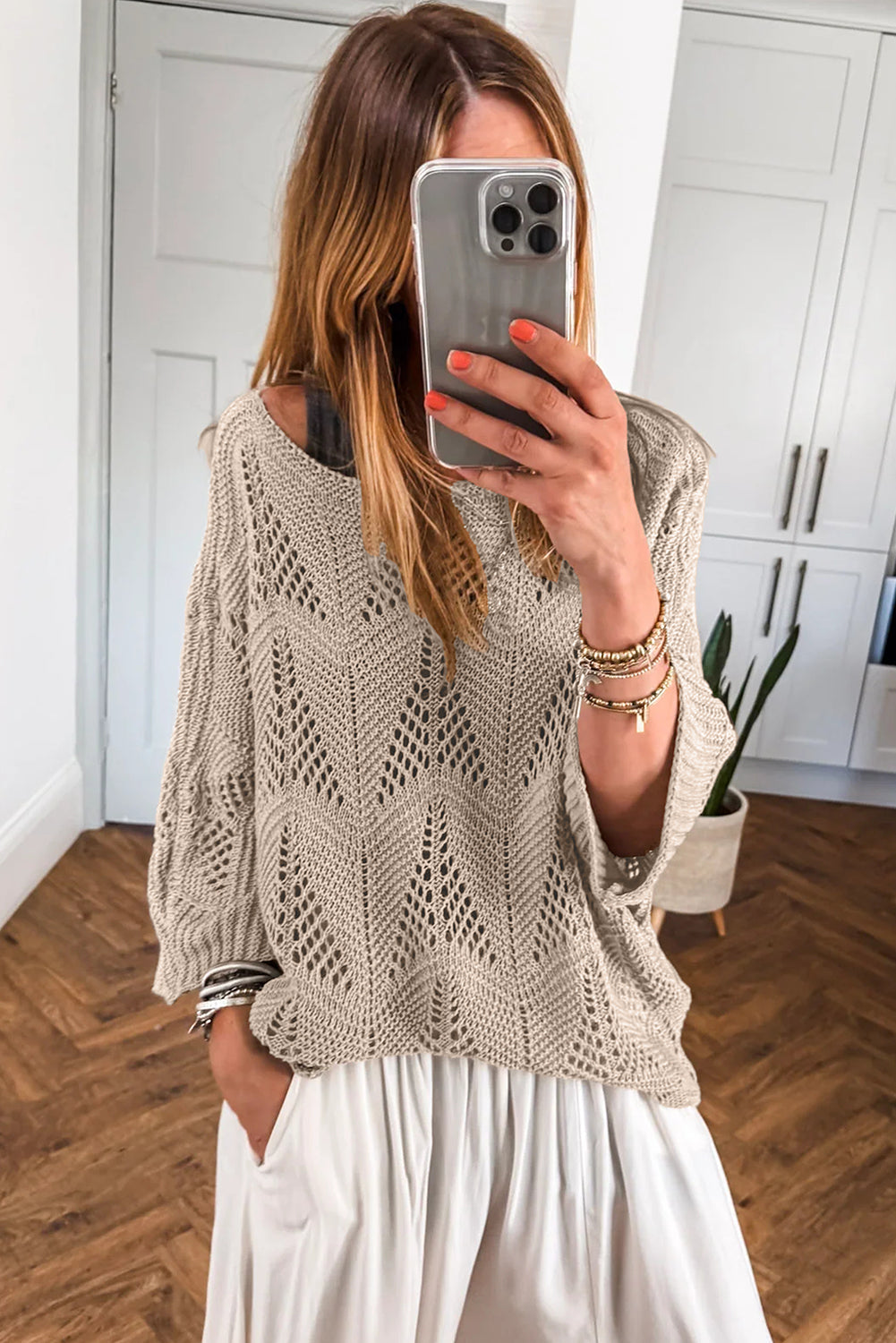 Seagrass Hollow Out Knit 3/4 Sleeve Loose Sweater