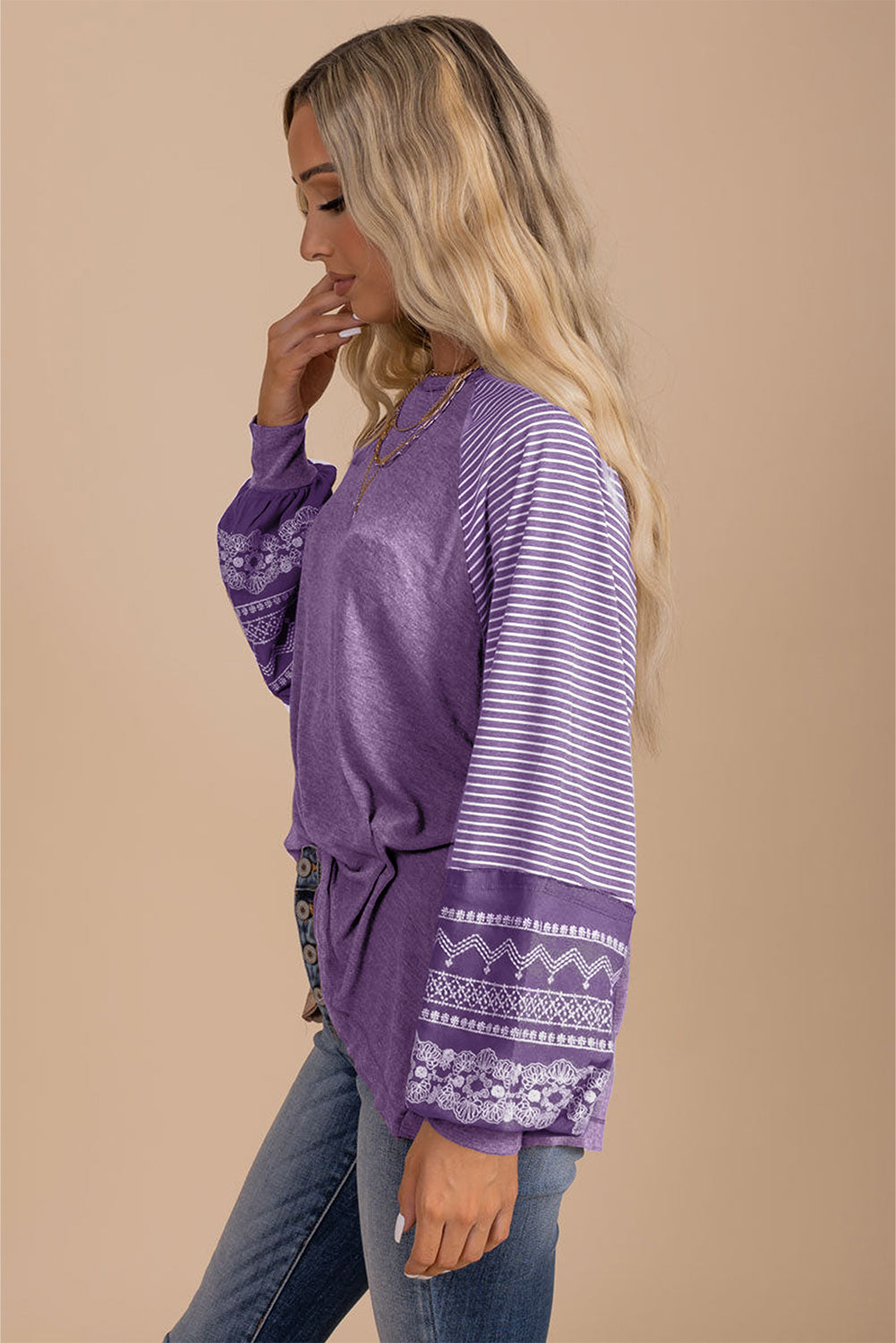 Medium Grey Contrast Print Striped Raglan Long Sleeve Loose Top
