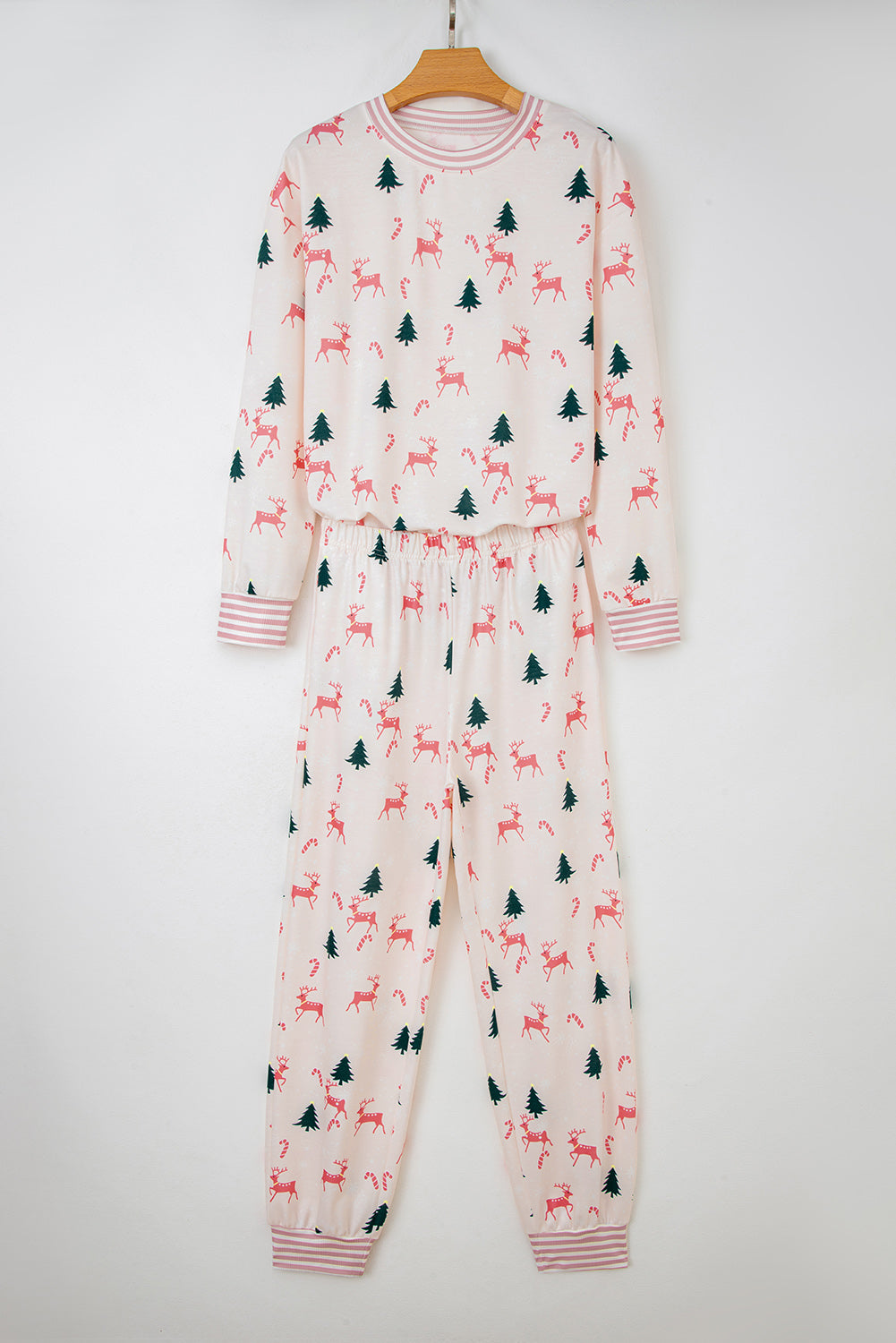 Pink Christmas Tree Reindeer Print Contrast Striped Trim Pajama Set