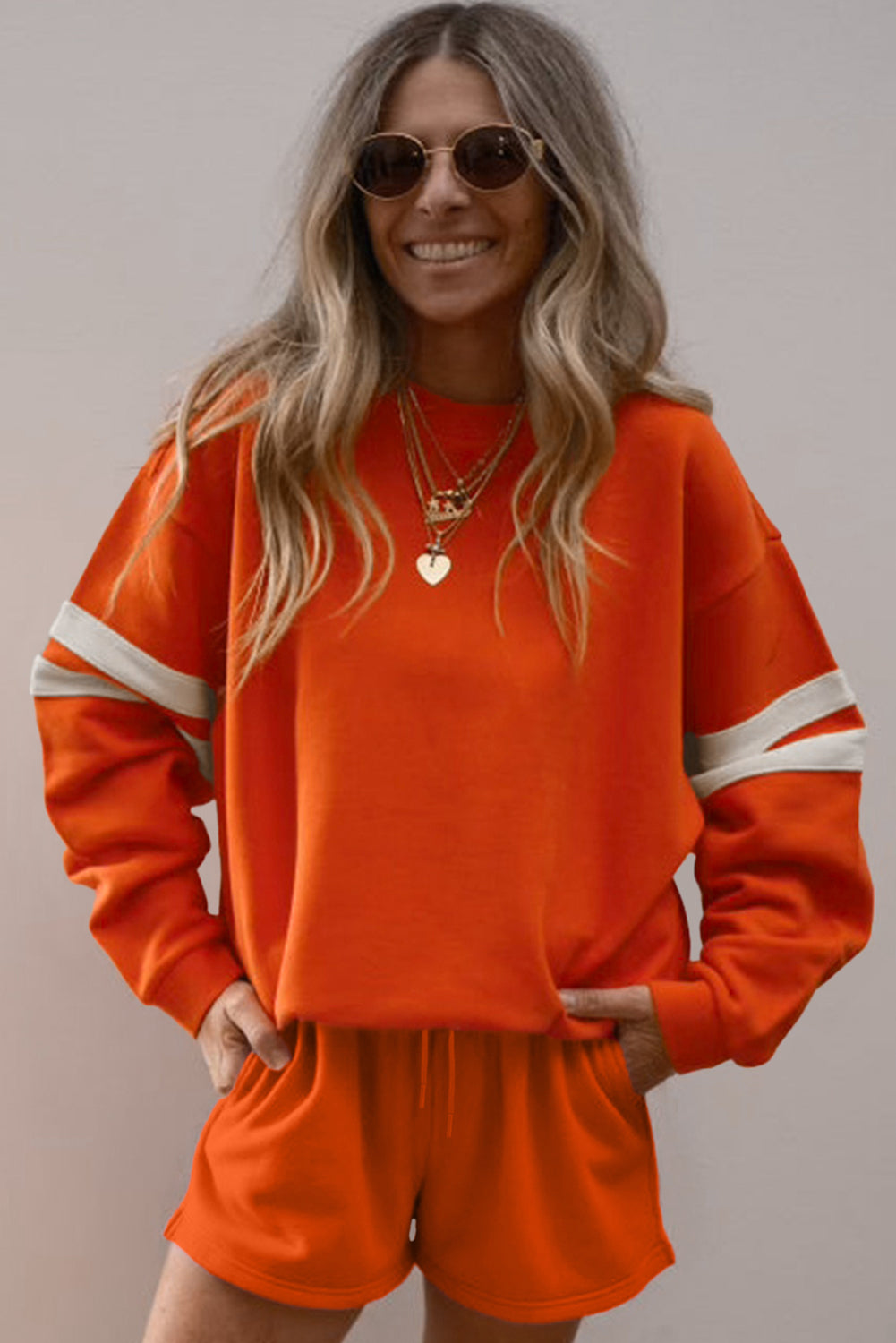 Orange Varsity Striped Sleeve Drop Shoulder Sweatshirt and Shorts Set