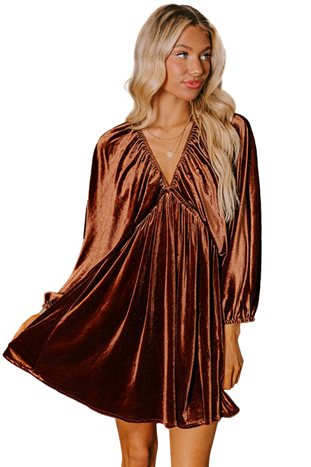 Vestido fluido de terciopelo con escote en V elástico y mangas abullonadas