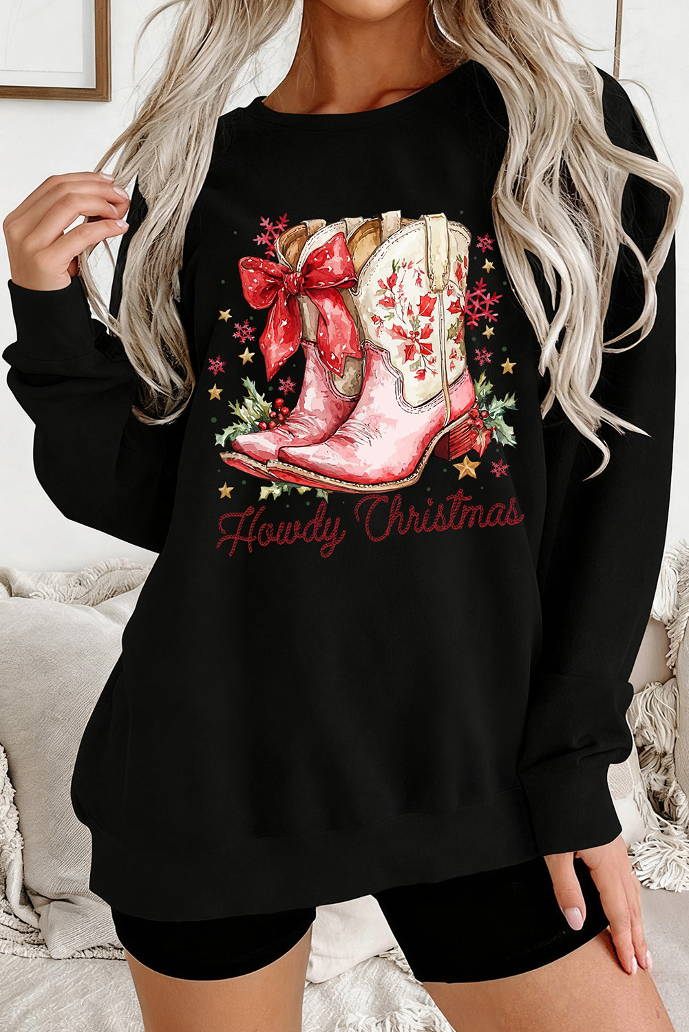 Black Howdy Christmas Boots Heat Transfer Printing Baggy Sweatshirt