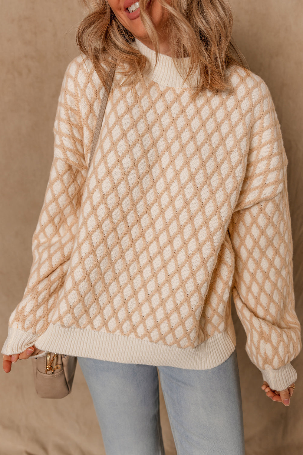 Smoke Gray Checkered Textured Knit Mock Neck Sweater