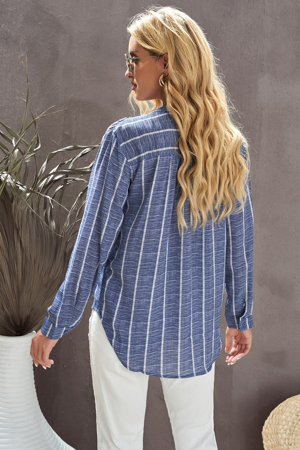 Blue Striped Print V Neck Half Buttons Loose Blouse