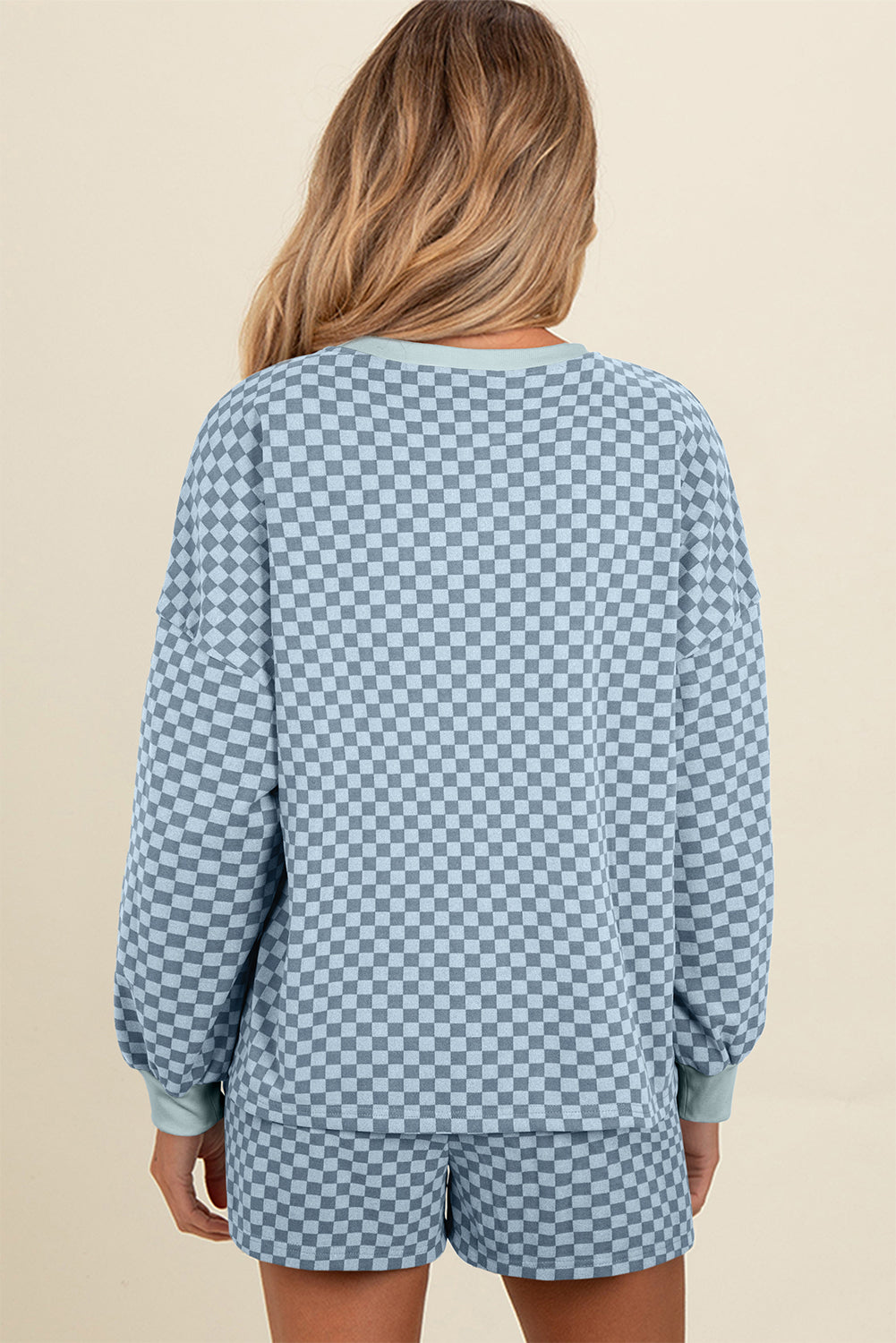 Sky Blue Checkerboard Contrast Trim Long Sleeve Pullover and Shorts Set