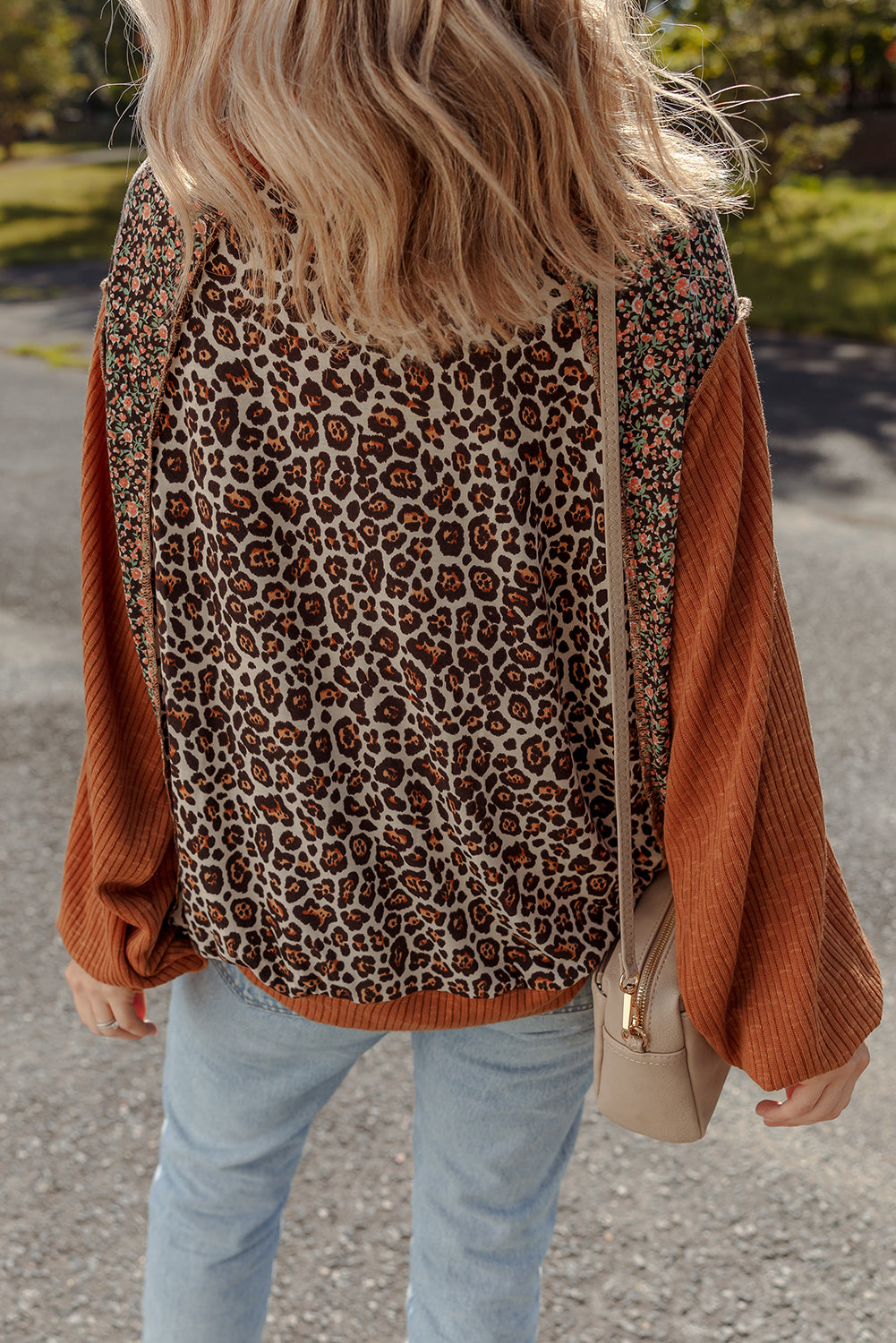 Brown Leopard Floral Print Ribbed Patchwork Puff Sleeve Loose Pullover