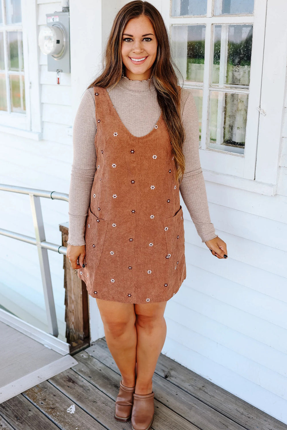 Gold Flame Flower Embroidered Corduroy Overall Mini Dress