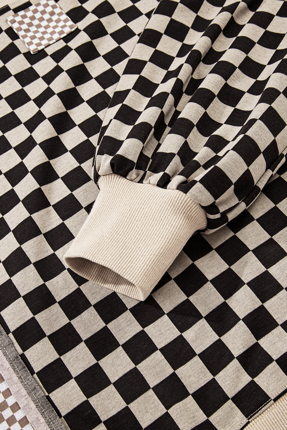 Khaki Mixed Checkered Pattern Patchwork High Low Casual Top