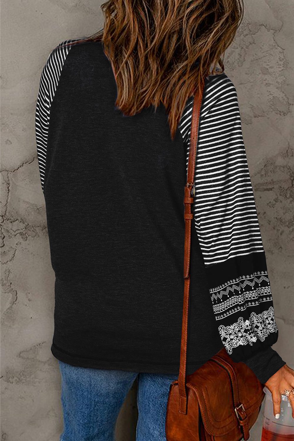 Medium Grey Contrast Print Striped Raglan Long Sleeve Loose Top