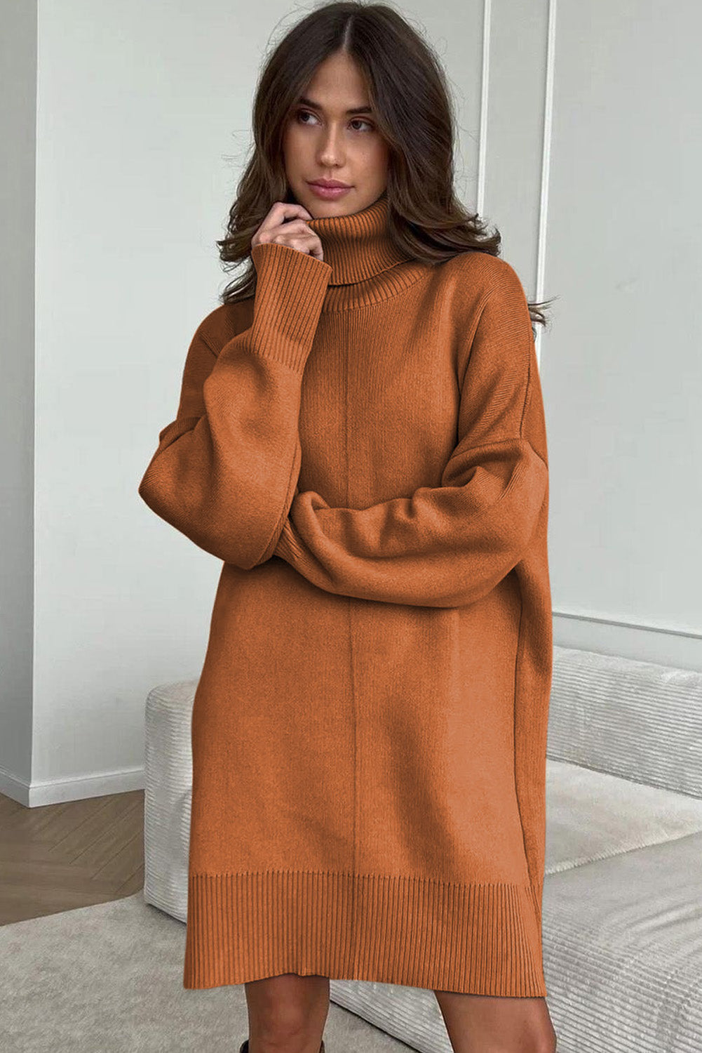 Gold Flame Solid Color Turtleneck Drop Shoulder Loose Sweater Dress