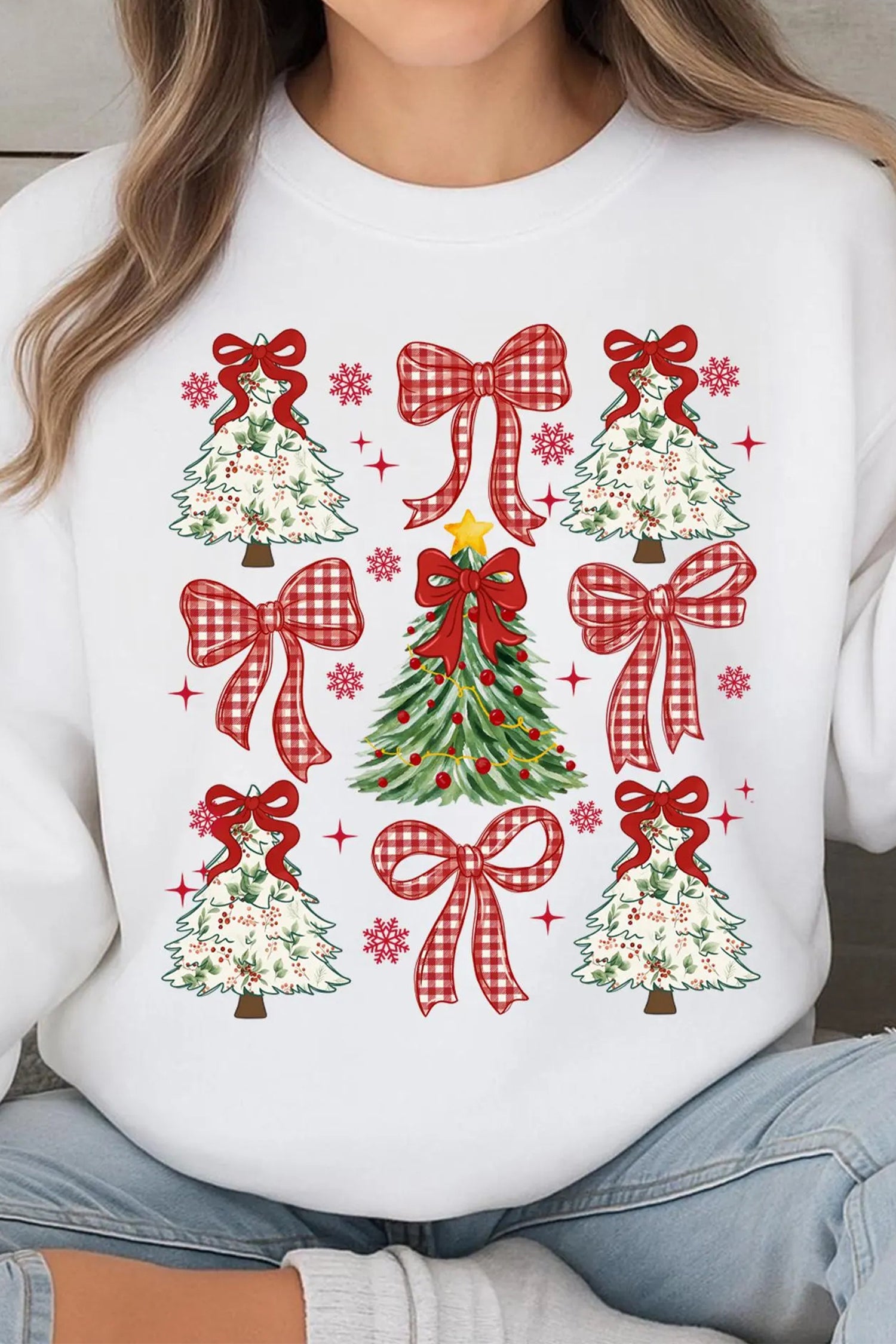 White Christmas Tree Ribbon Bow Printed Drop Shoulder Sweatshirt