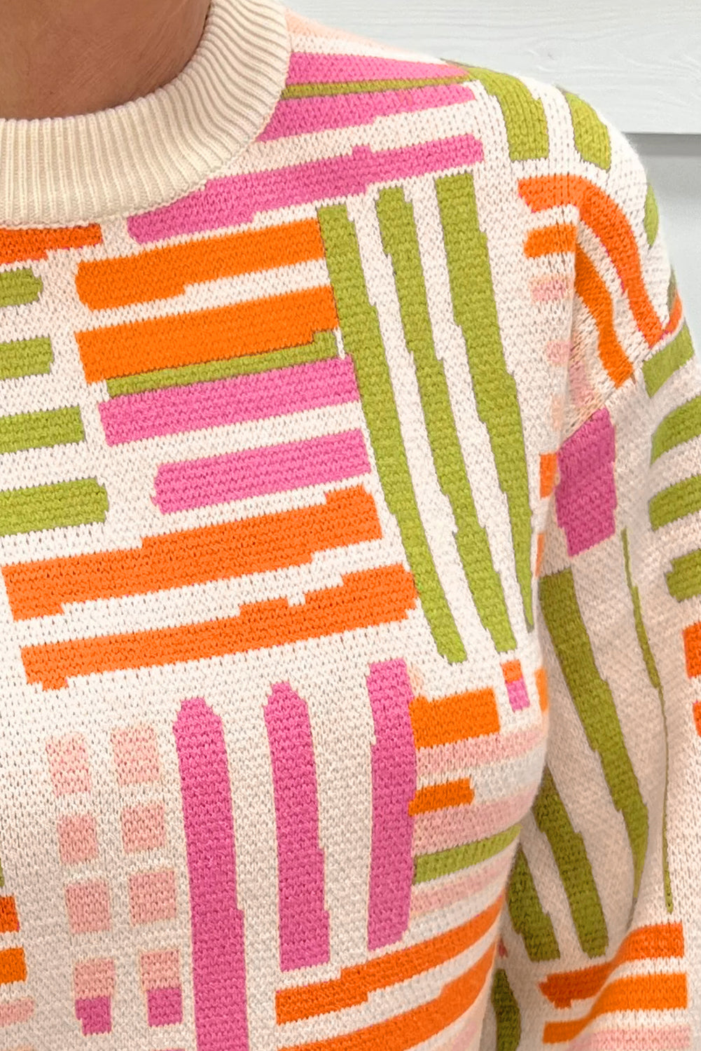 Rose Love Lines Pattern Crew Neck Puff Sleeve Sweater