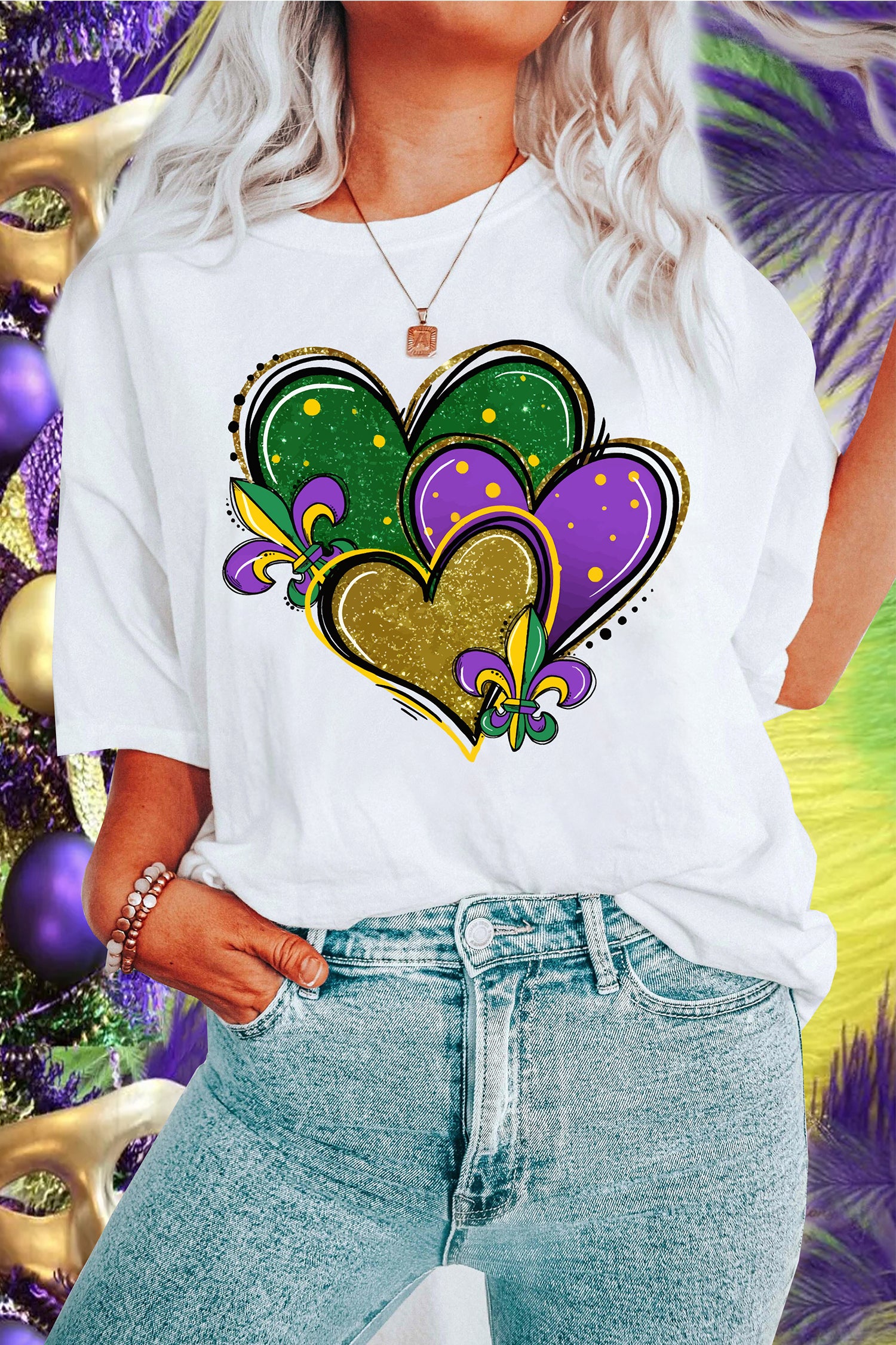 White Mardi Gras Tricolor Heart Print Womens Casual Tee