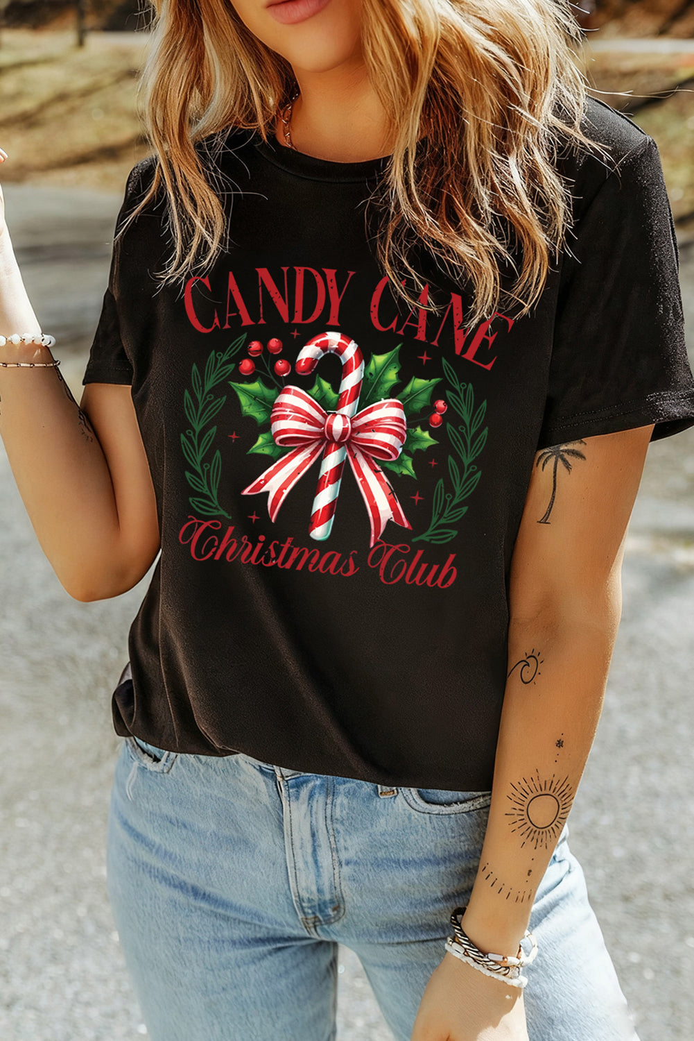 T-shirt imprimé par transfert thermique Black Candy Cane Christmas Club