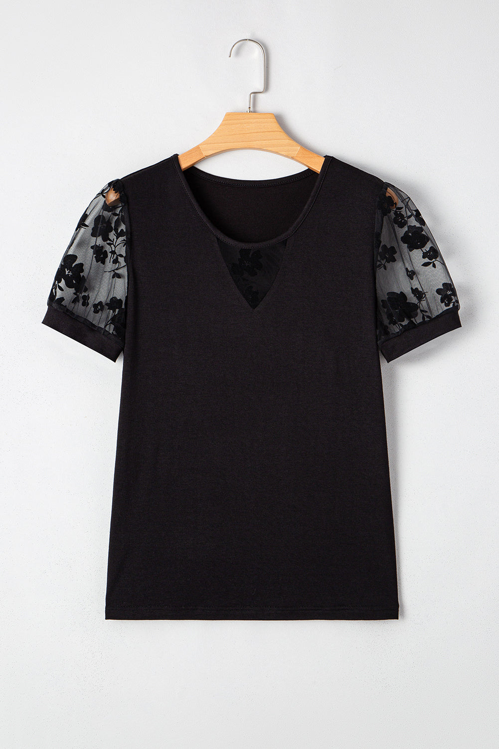 Black Floral Lace Patchwork Crew Neck T Shirt
