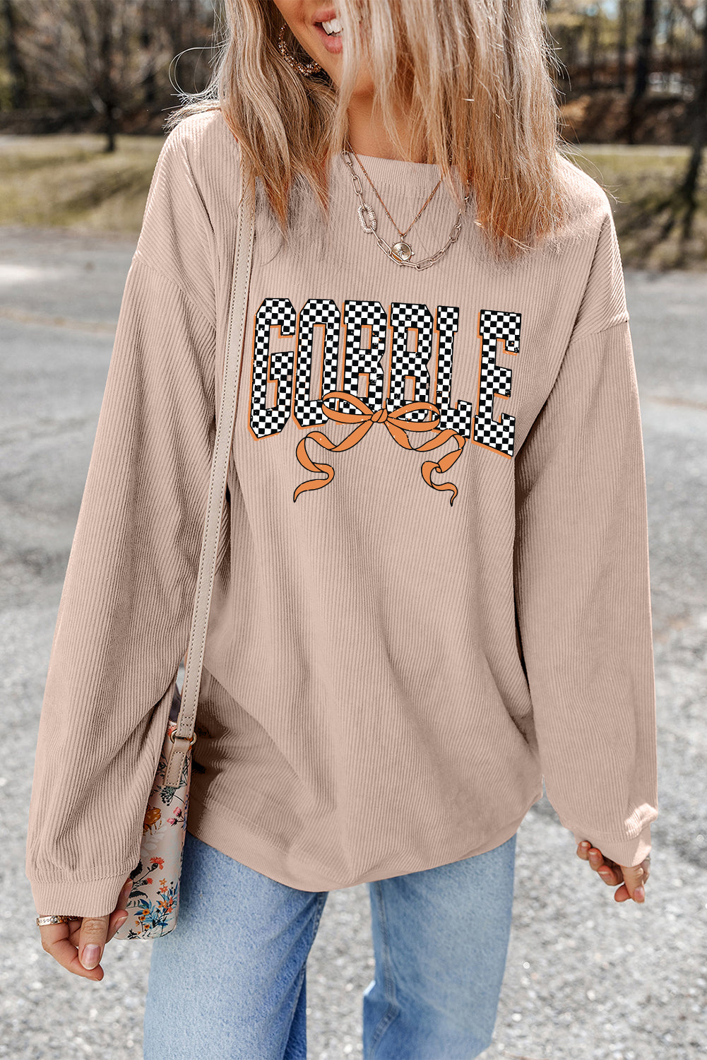 Apricot Twisted Ribbed Texture Checkered GOBBLE Bow Heat Transfer Printing Sweatshirt