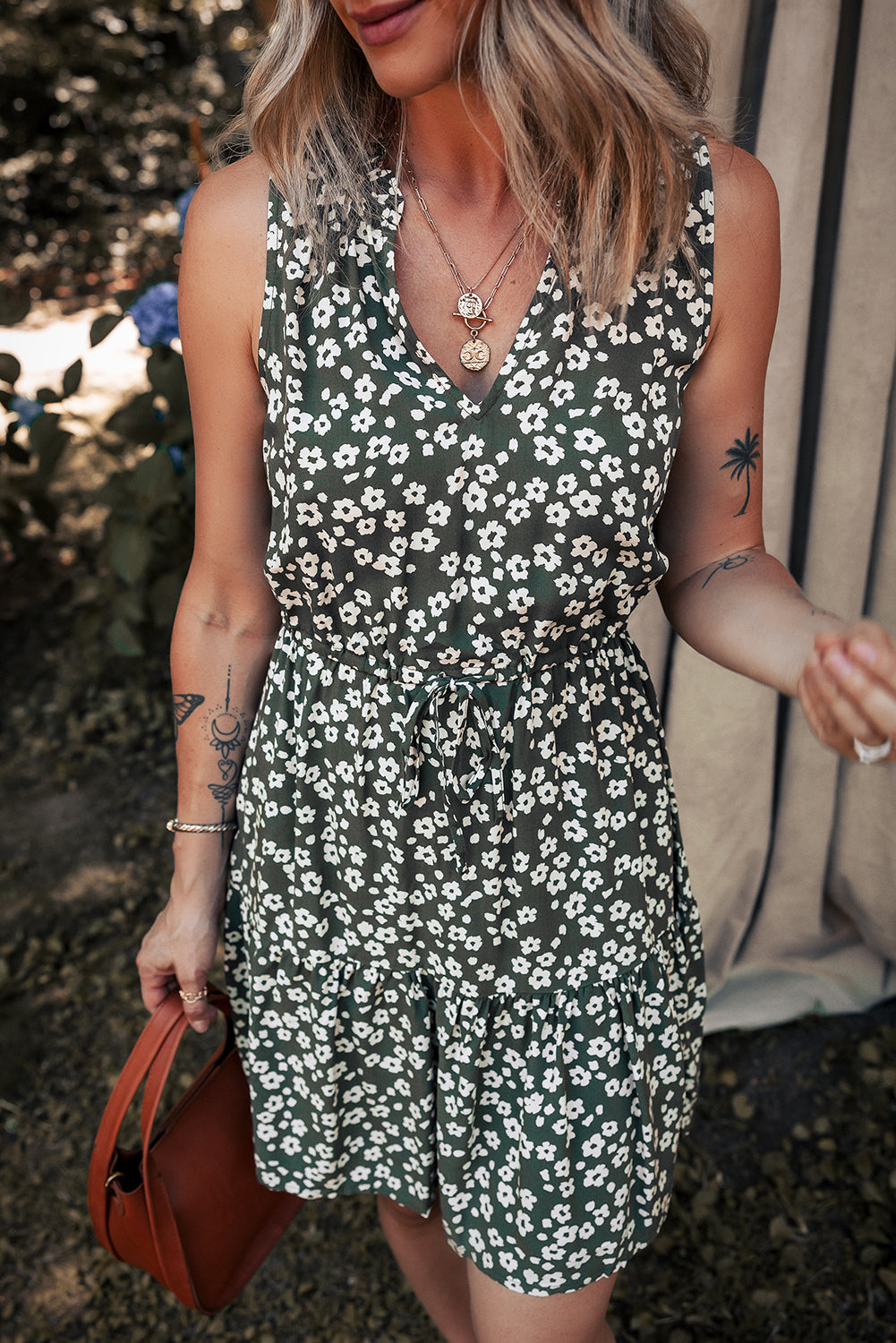 Green Boho Floral Print V Neck Knot Waist Sleeveless Dress