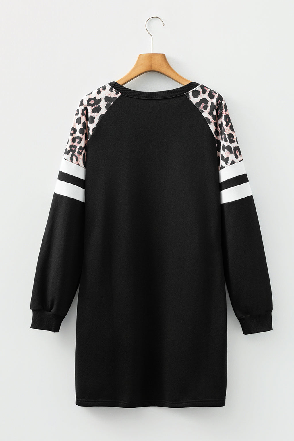 Black Leopard Print Patchwork Varsity Raglan Sleeve Sweatshirt Dress