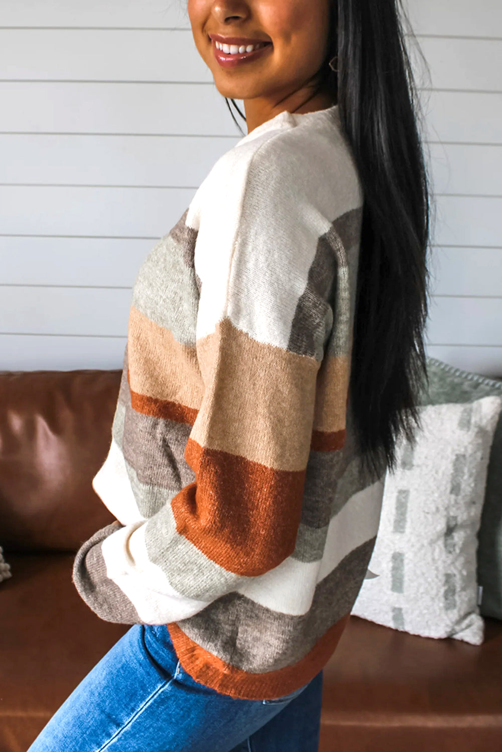 White Colorblock Striped Round Neck Drop Sleeve Sweater