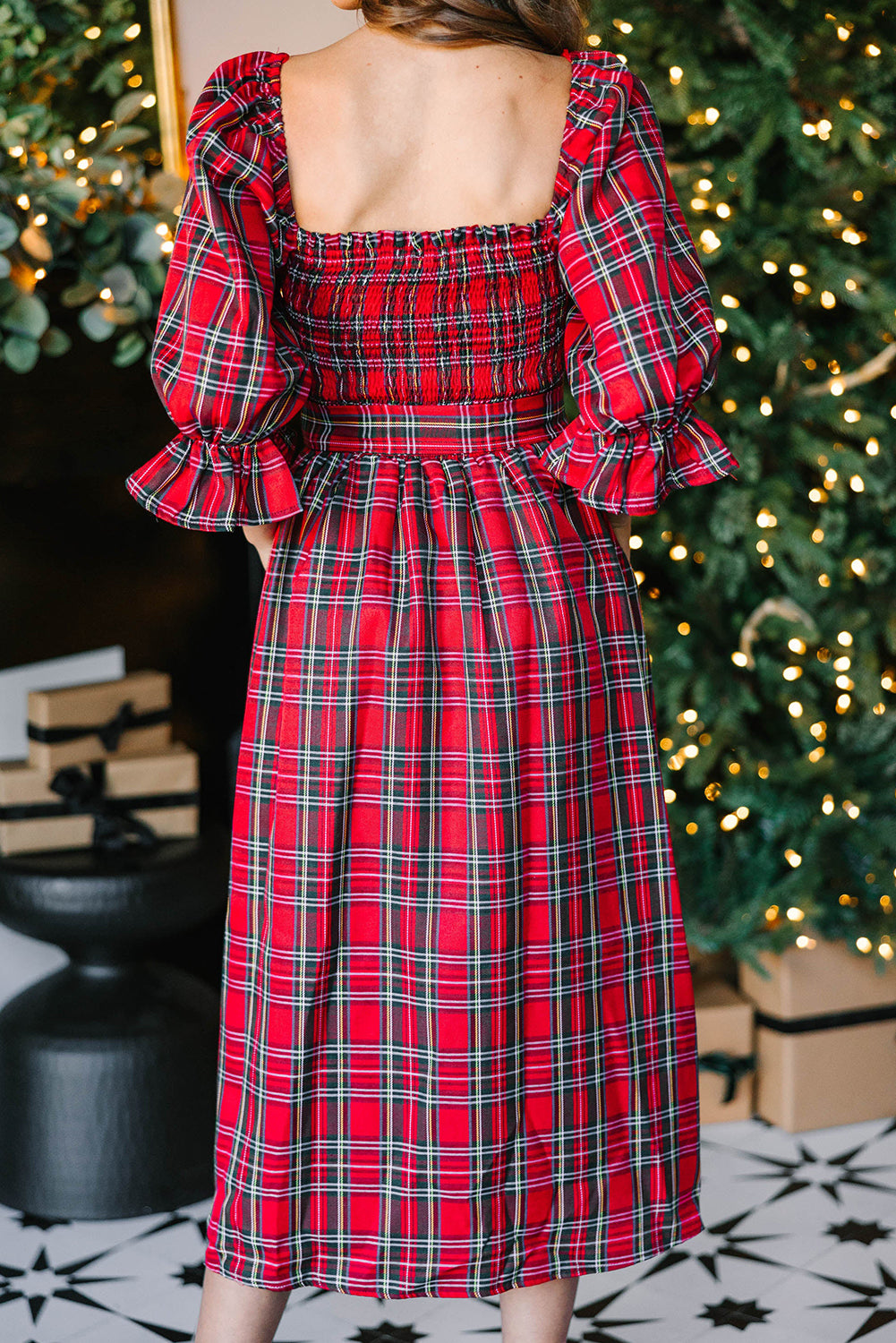 Red Plaid Square Neck Puff Sleeve Bowknot Waist Flared Midi Dress