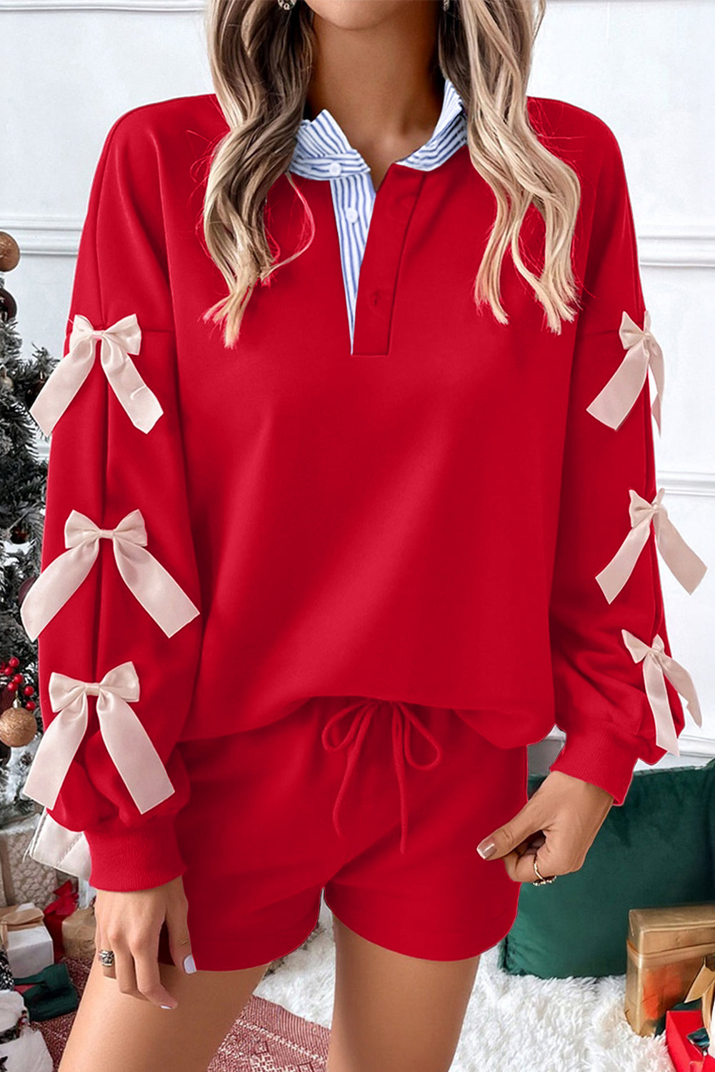 Racing Red Striped Collar Knot Sleeve Sweatshirt and Shorts Set