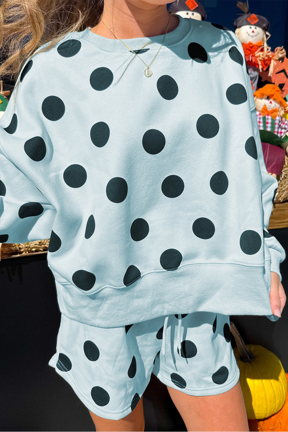 Pink Polka Dot Print Drop Shoulder Pullover Drawstring Shorts Set