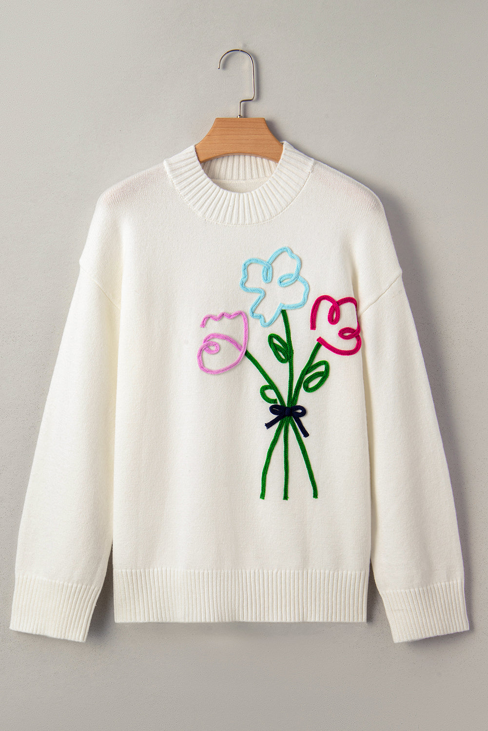 White Floral Embroidered Drop Sleeve Knit Sweater