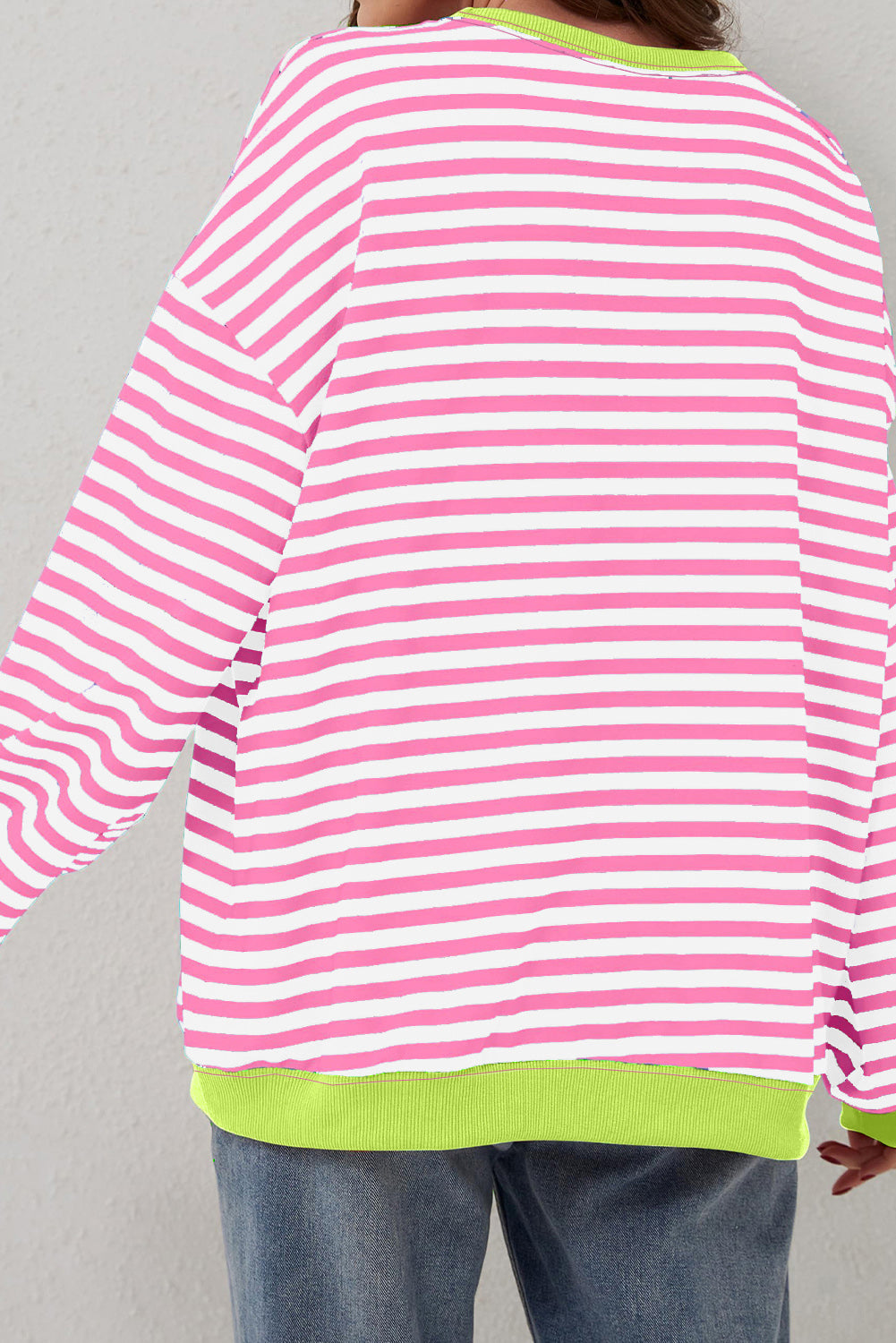 Rose Red Striped Contrast Trim Drop Shoulder Sweatshirt