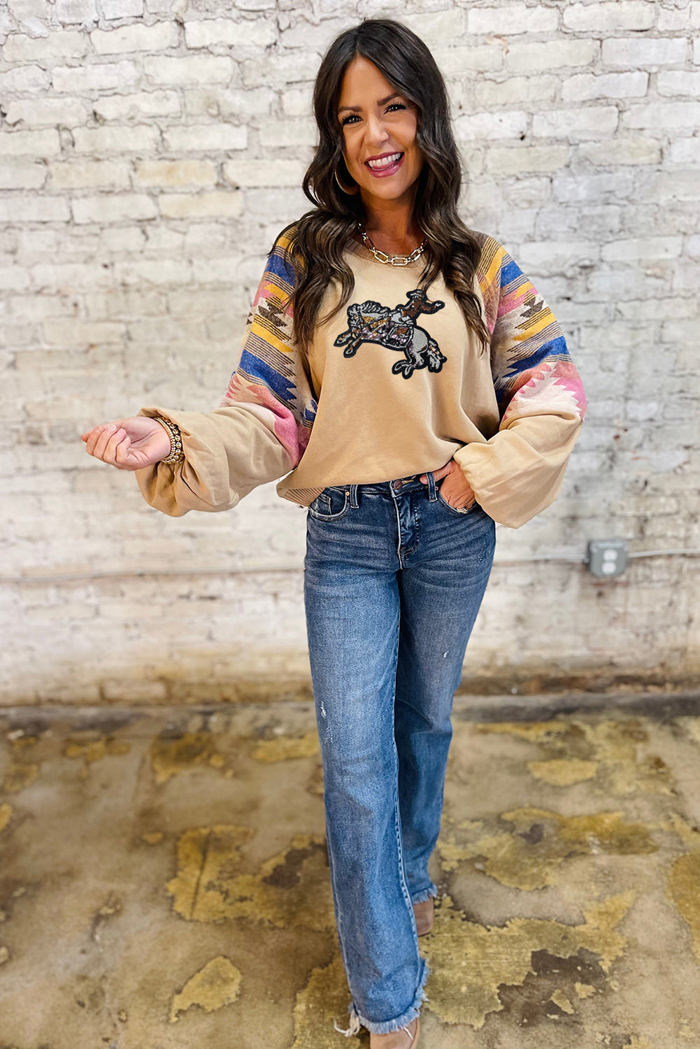 Light French Beige Sequined Rodeo Graphic Fashion Sweatshirt