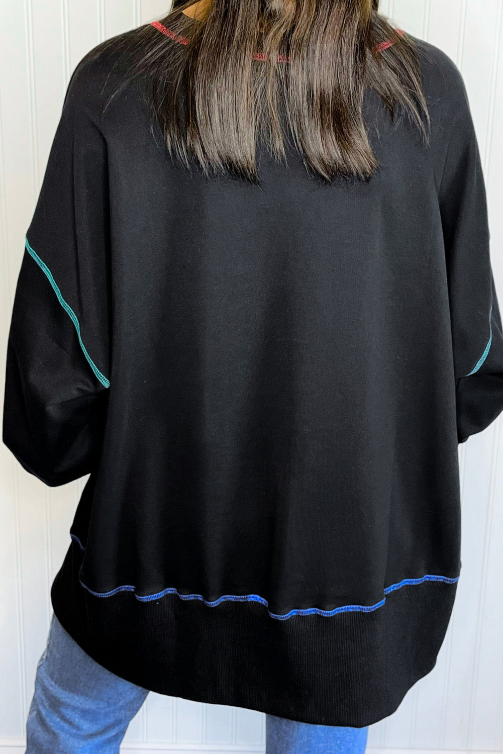 Black Sequin Joy Letter Graphic Contrast Seam Detail Drop Shoulder Sweatshirt