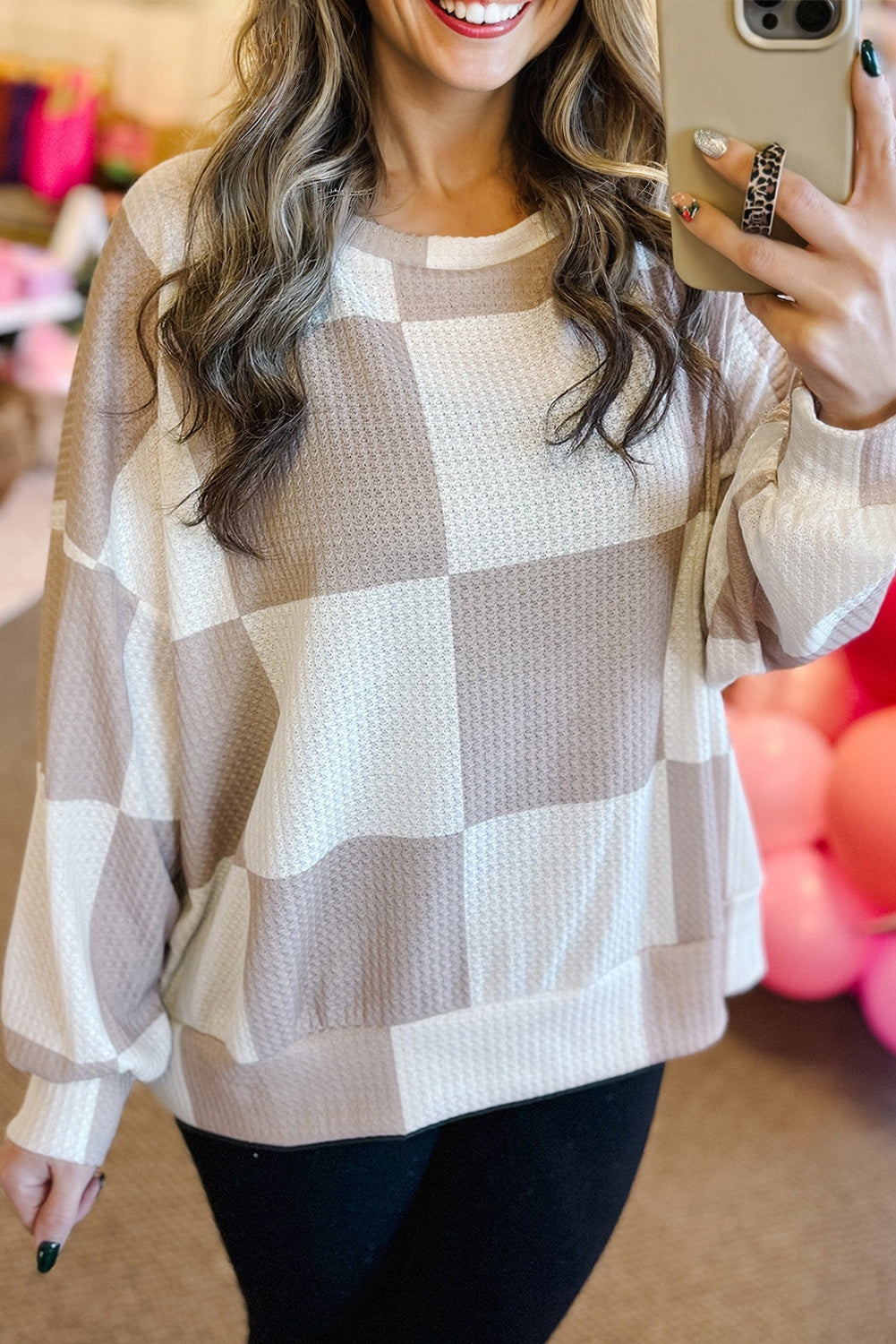 Khaki Breathable Textured Checkered Long Sleeve Top