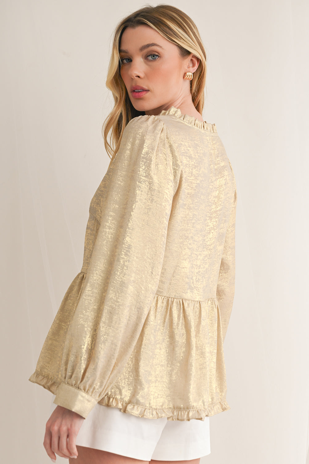 Gold Metallic Velvet Frill V Neck Puff Sleeve Babydoll Blouse