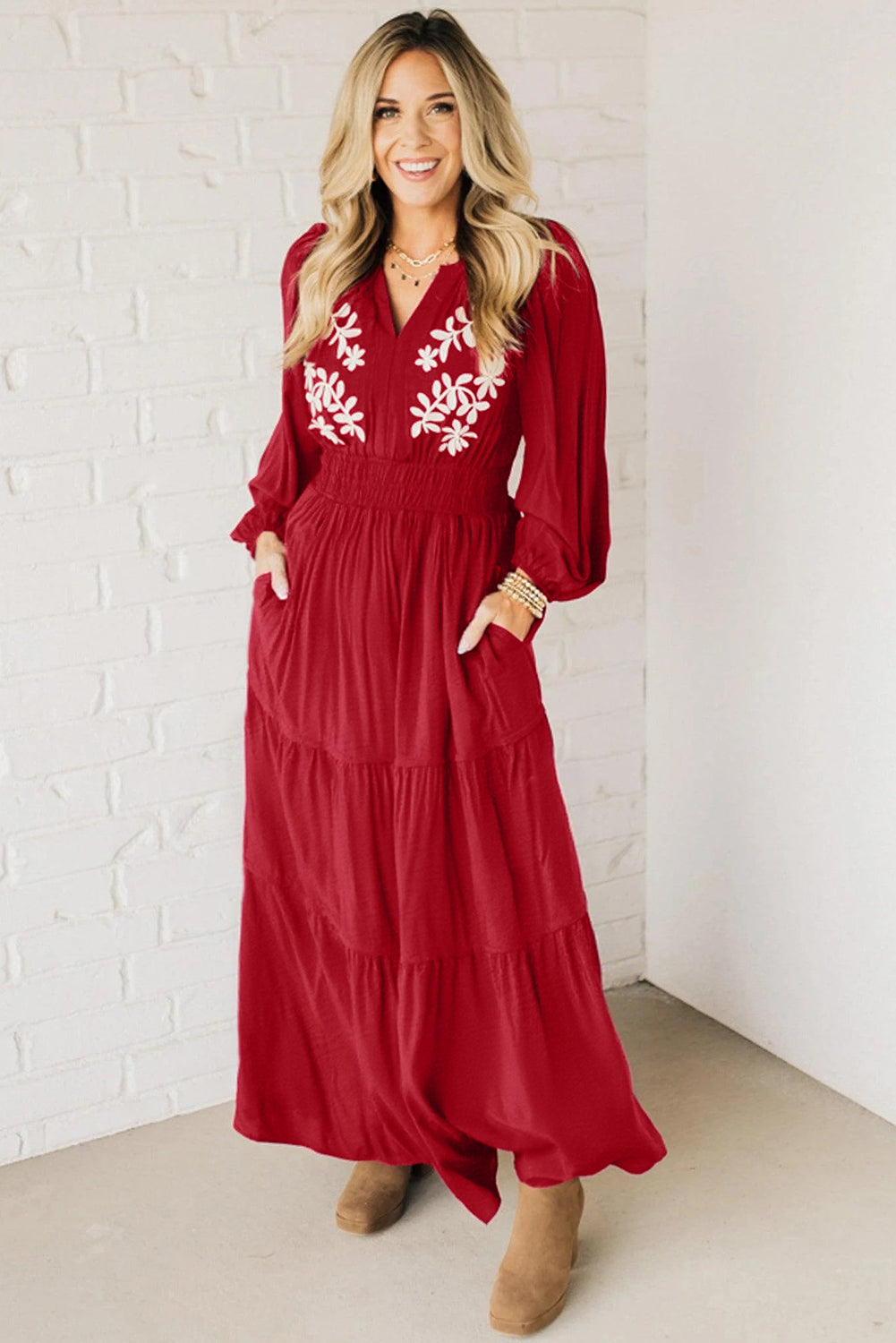 Racing Red Contrast Embroidered Detail Cinched Waist Tiered Long Sleeve Maxi Dress
