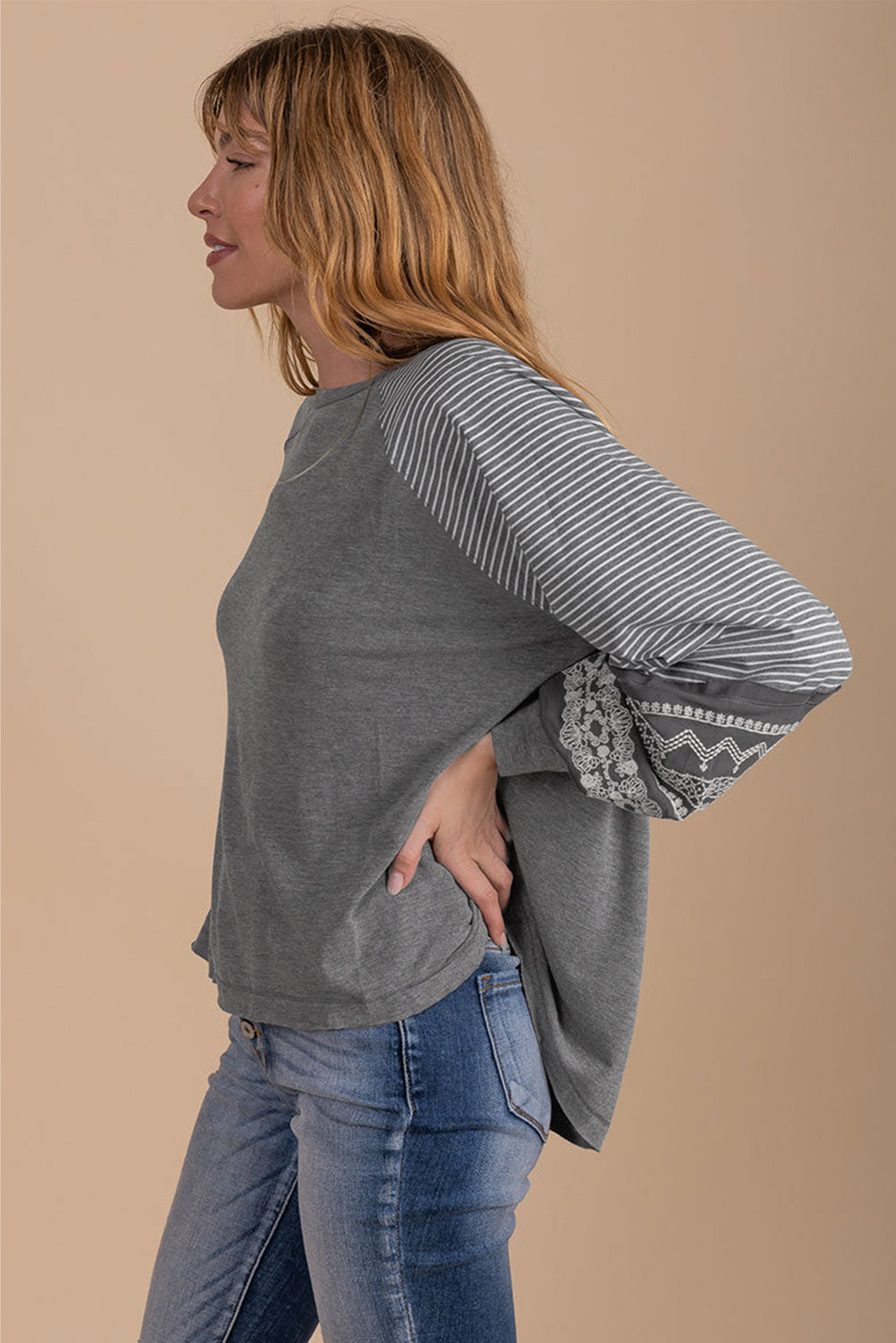 Medium Grey Contrast Print Striped Raglan Long Sleeve Loose Top