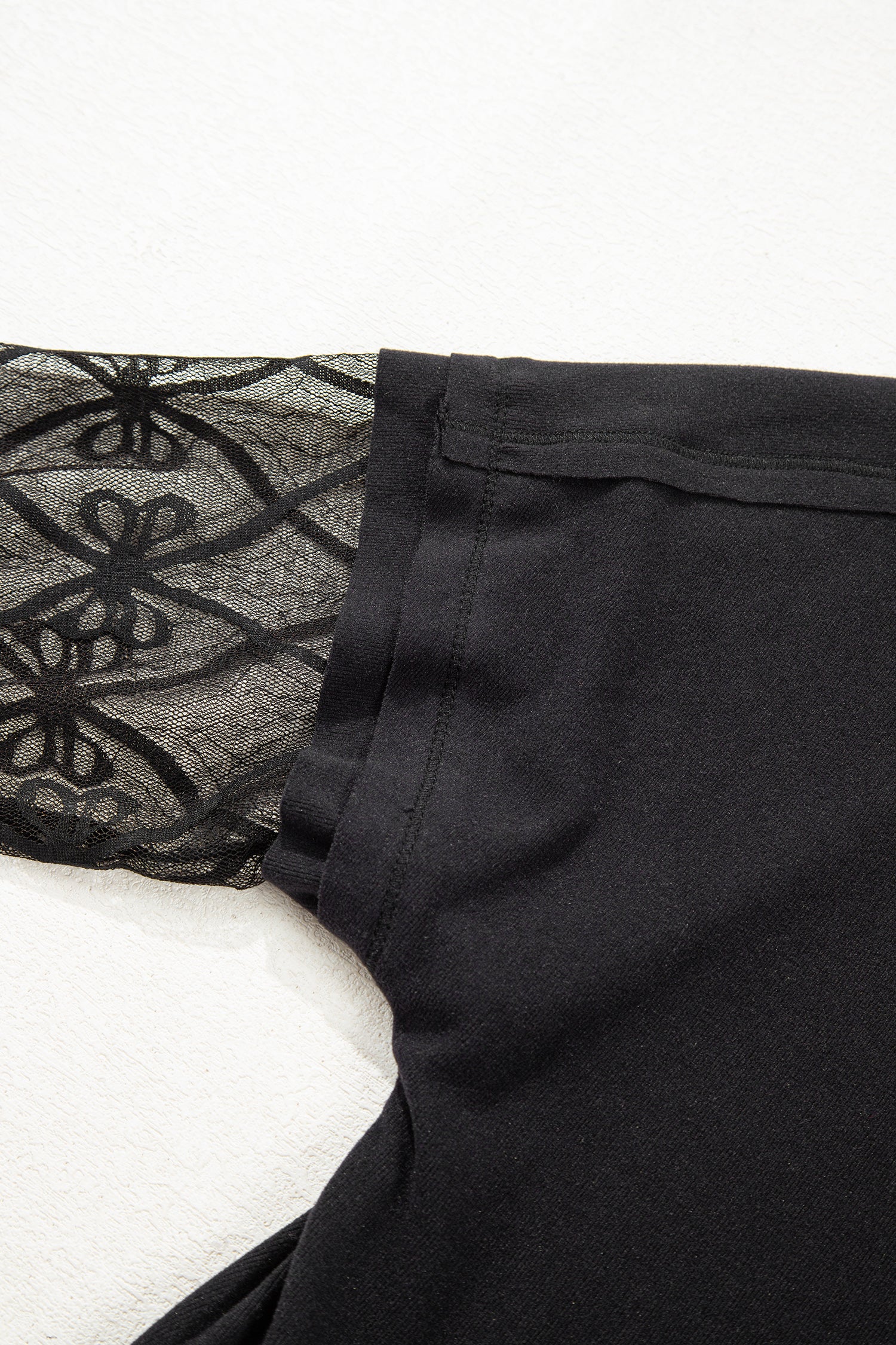 Black Solid Color Bow Textured Patchwork Long Sleeve Tee