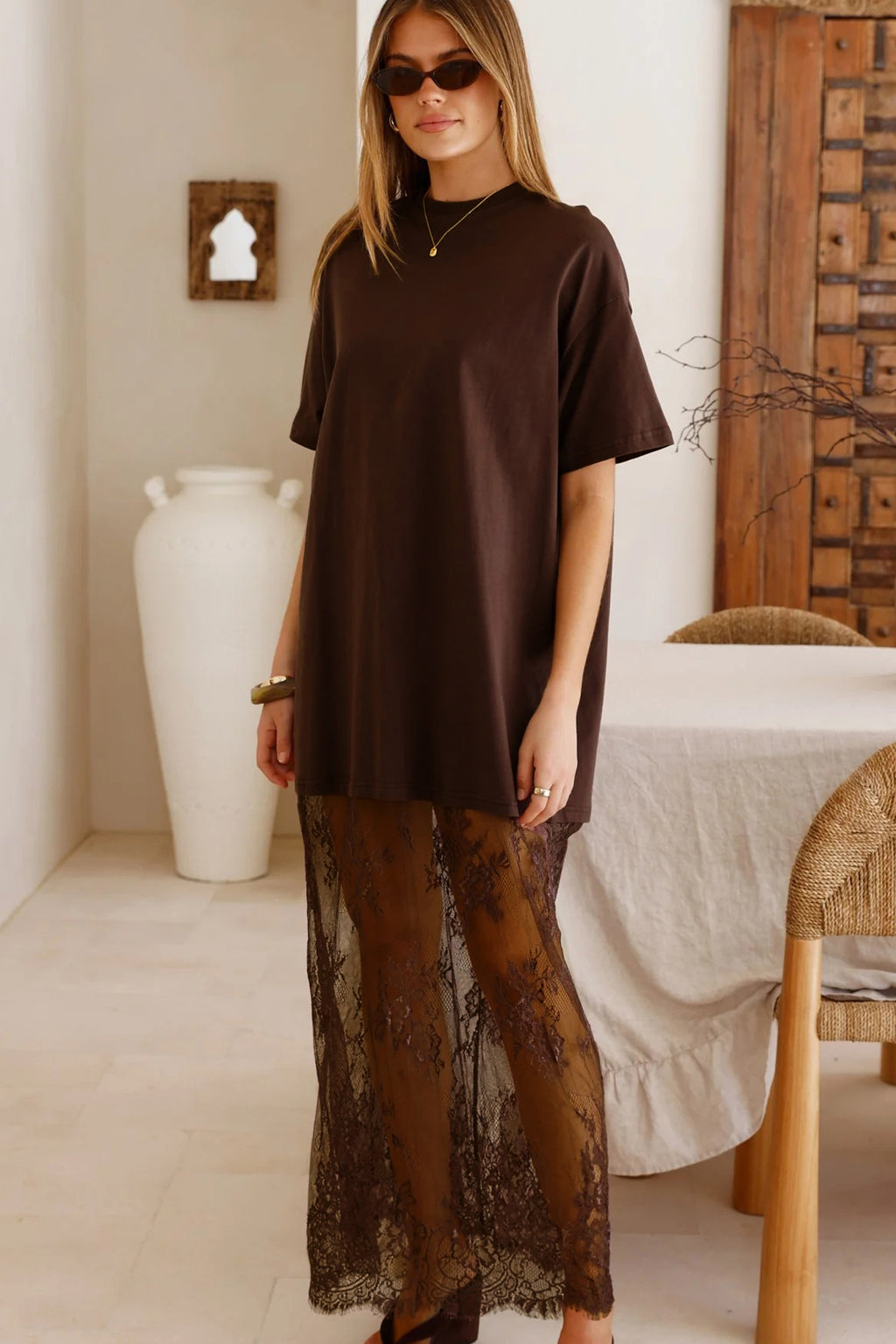 Black Floral Patchwork Short Sleeve T Shirt Loose Maxi Dress