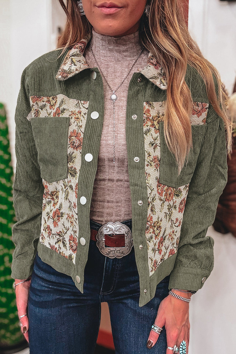 Chaqueta retro de patchwork floral acanalada verde salvia