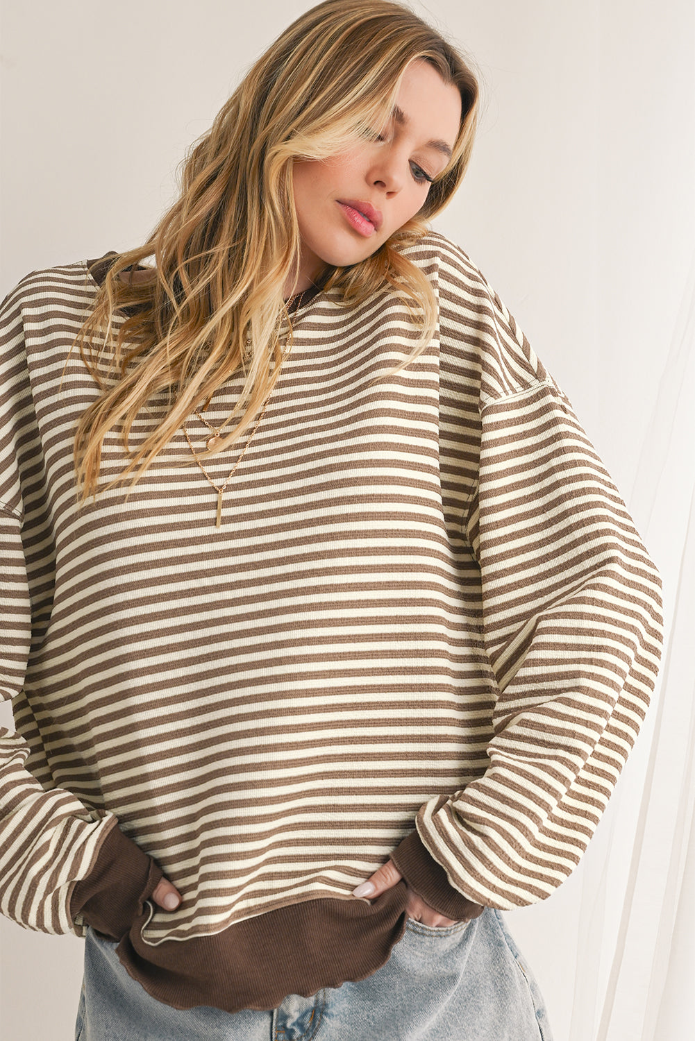Brown Stripe Drop Shoulder Long Sleeve Top