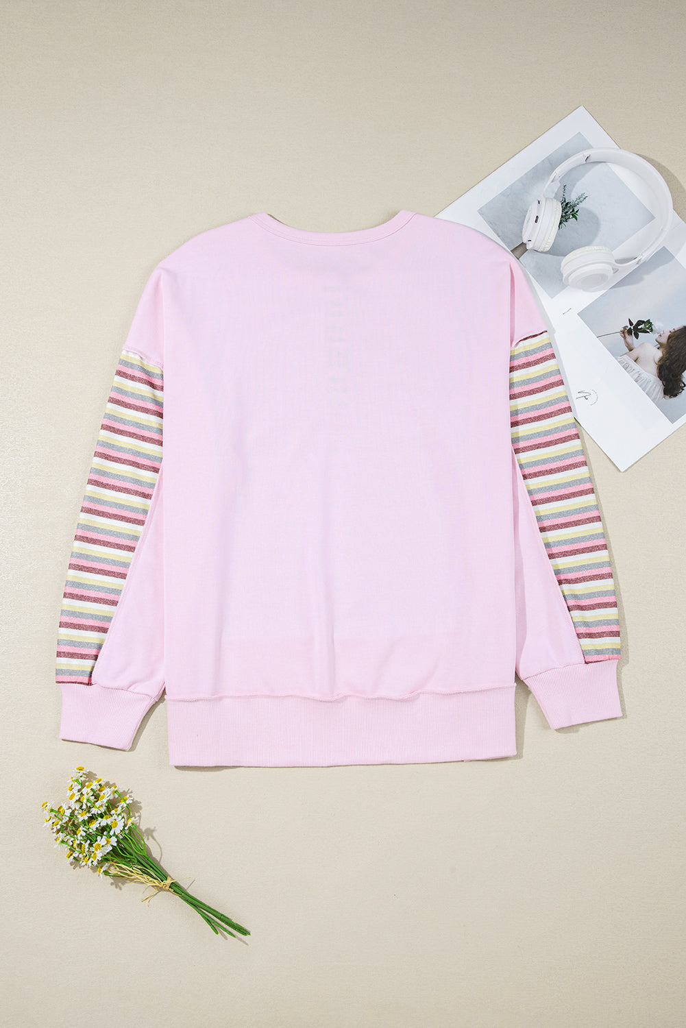 Pink Striped Patchwork Button V Neck Pullover Sweatshirt