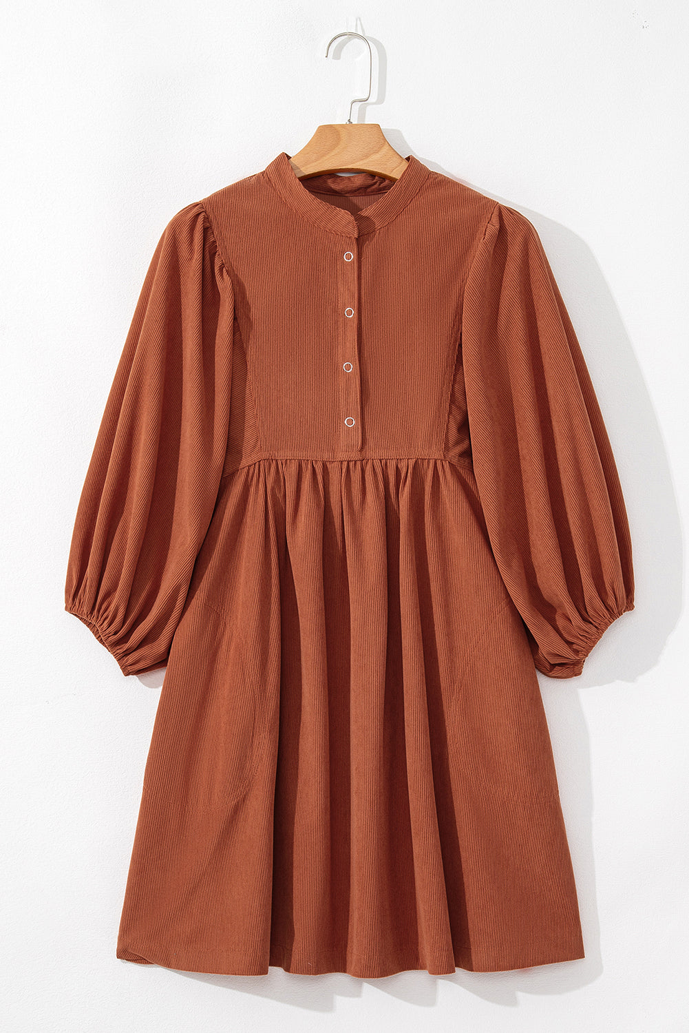 Light Blue Snap Button Empire Waist Lantern Sleeve Corduroy Dress